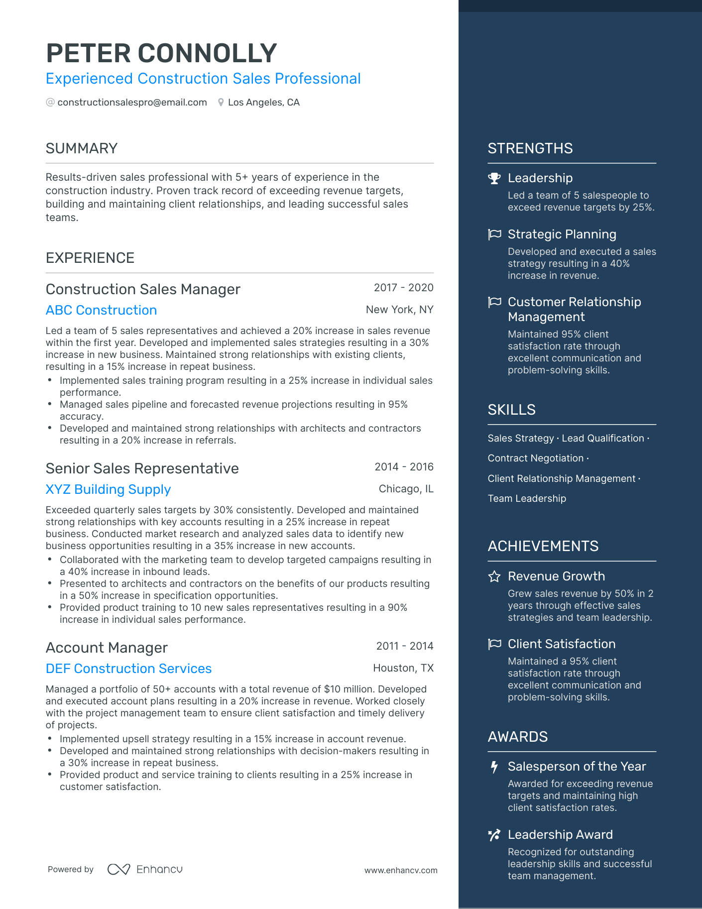 One Page Construction Sales Resume Template