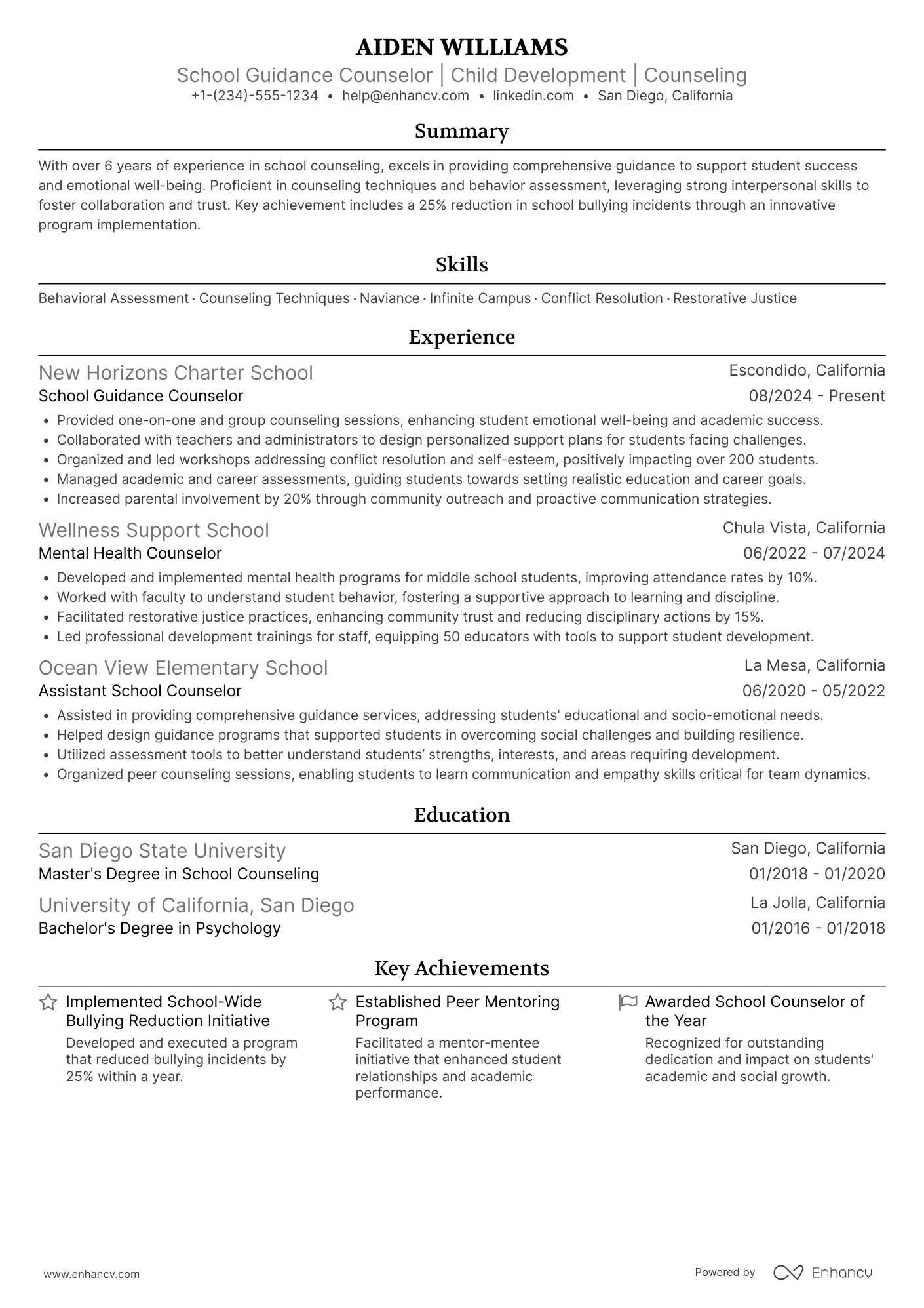 A resume example of a School Guidance Counselor