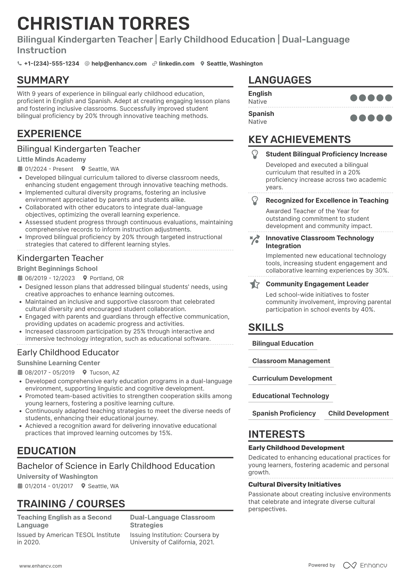 A resume example of a Bilingual Kindergarten Teacher