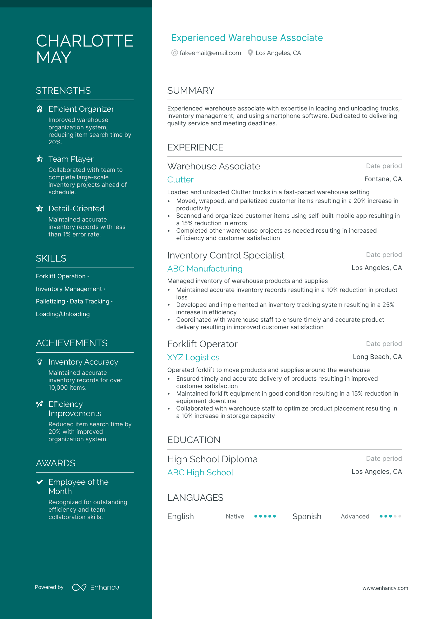 A resume example of a Warehouse Associate