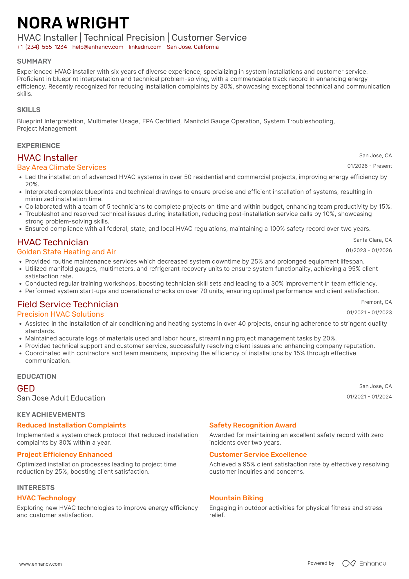A resume example of a HVAC Installer