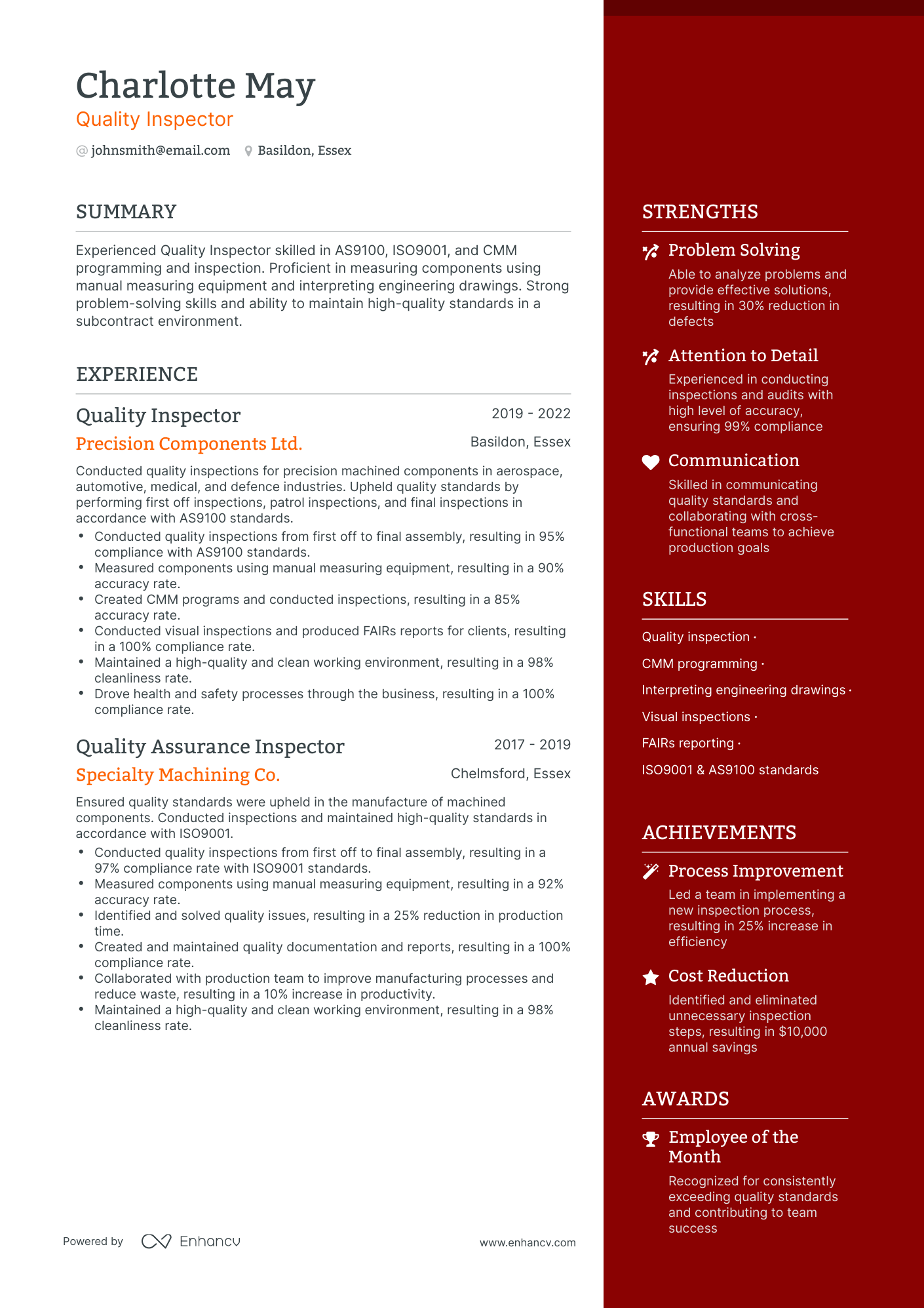 One Page Quality Inspector Resume Template