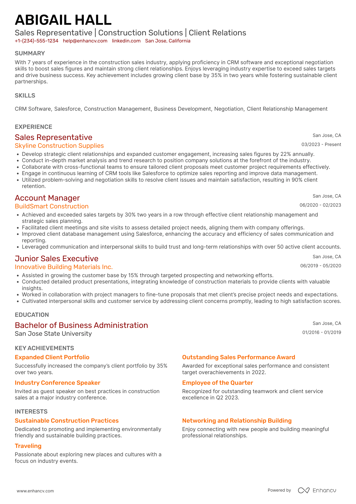A resume example of a Construction Sales