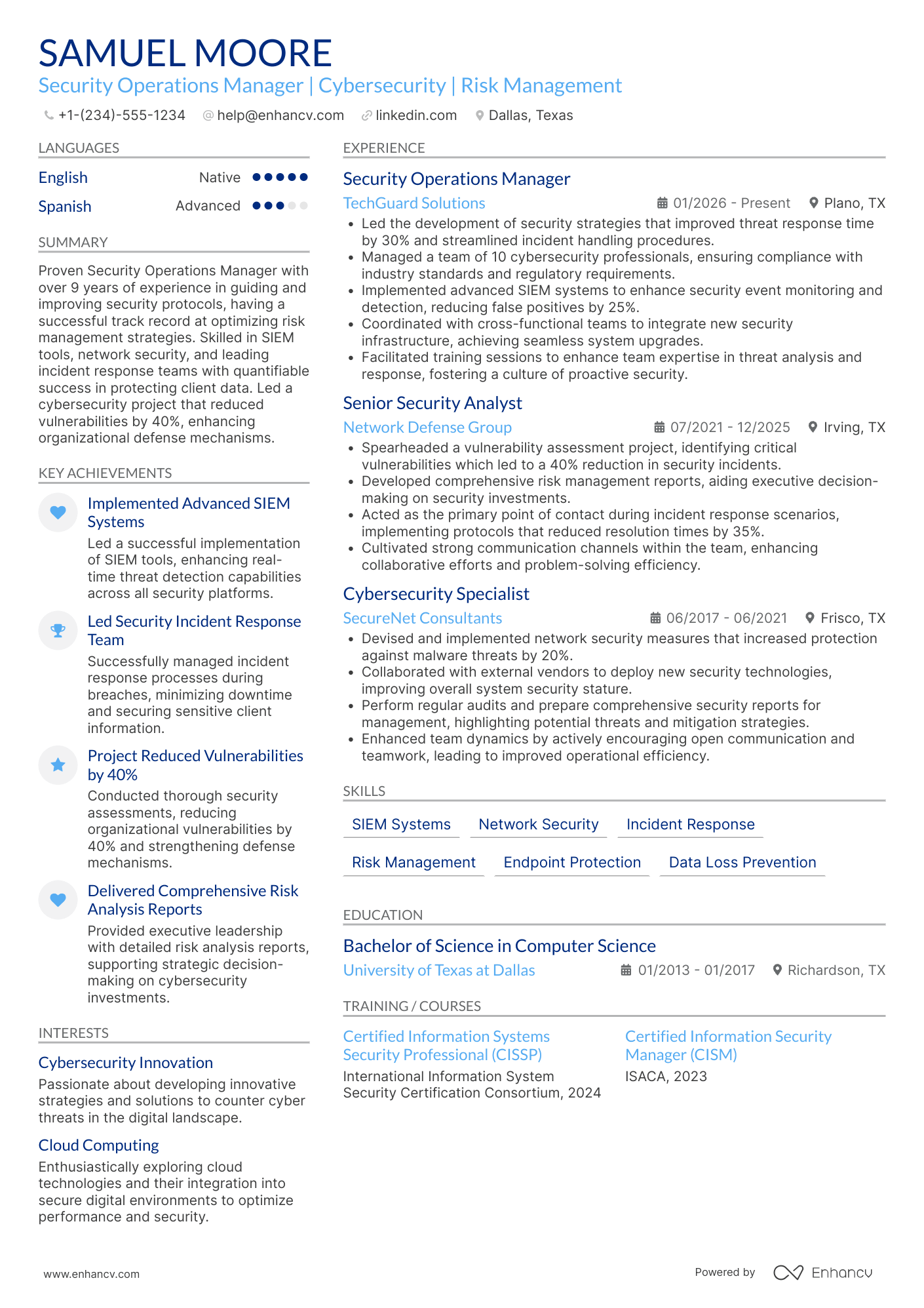 A resume example of a Security Operations Manager