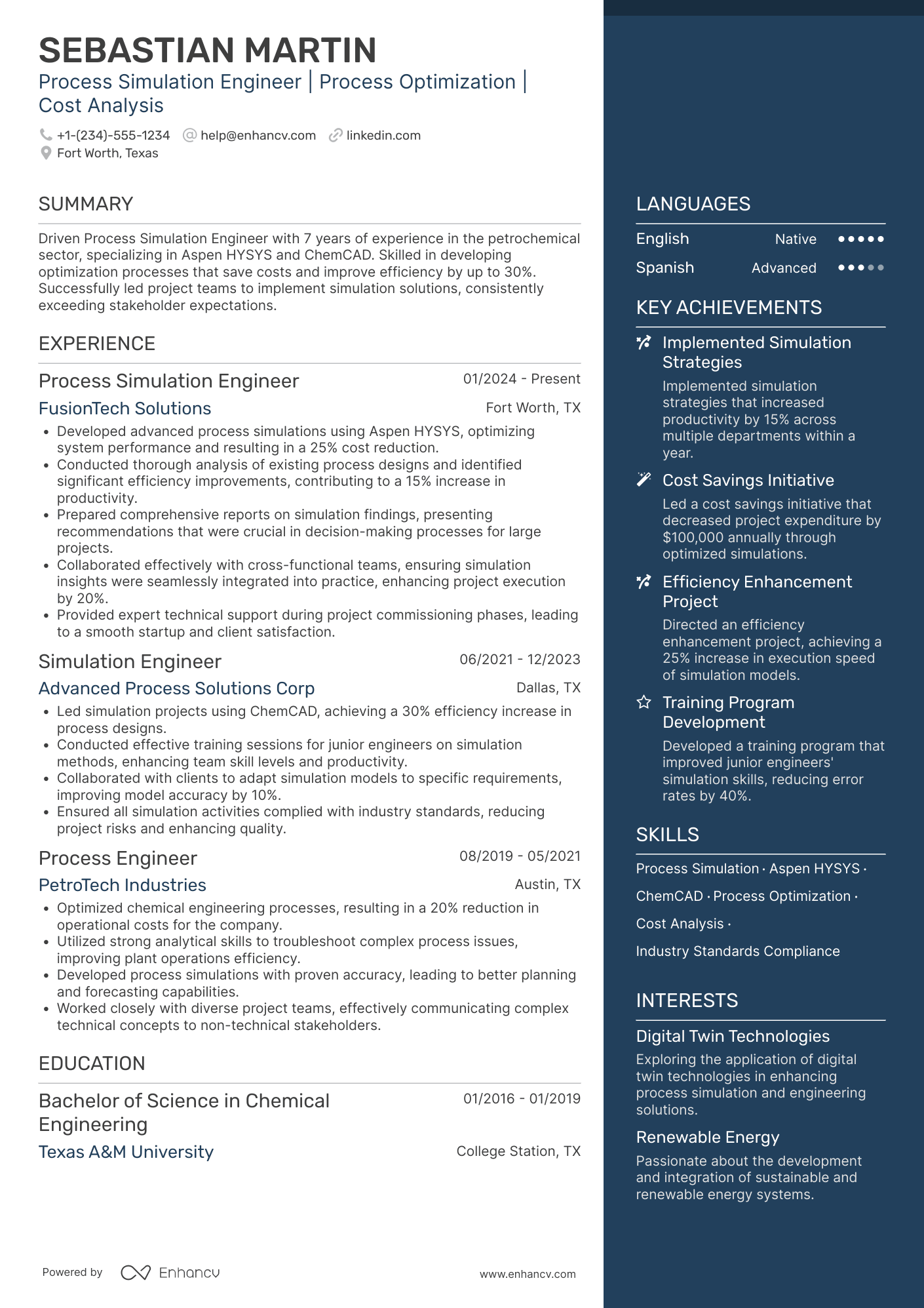 A resume example of a Process Simulation Engineer