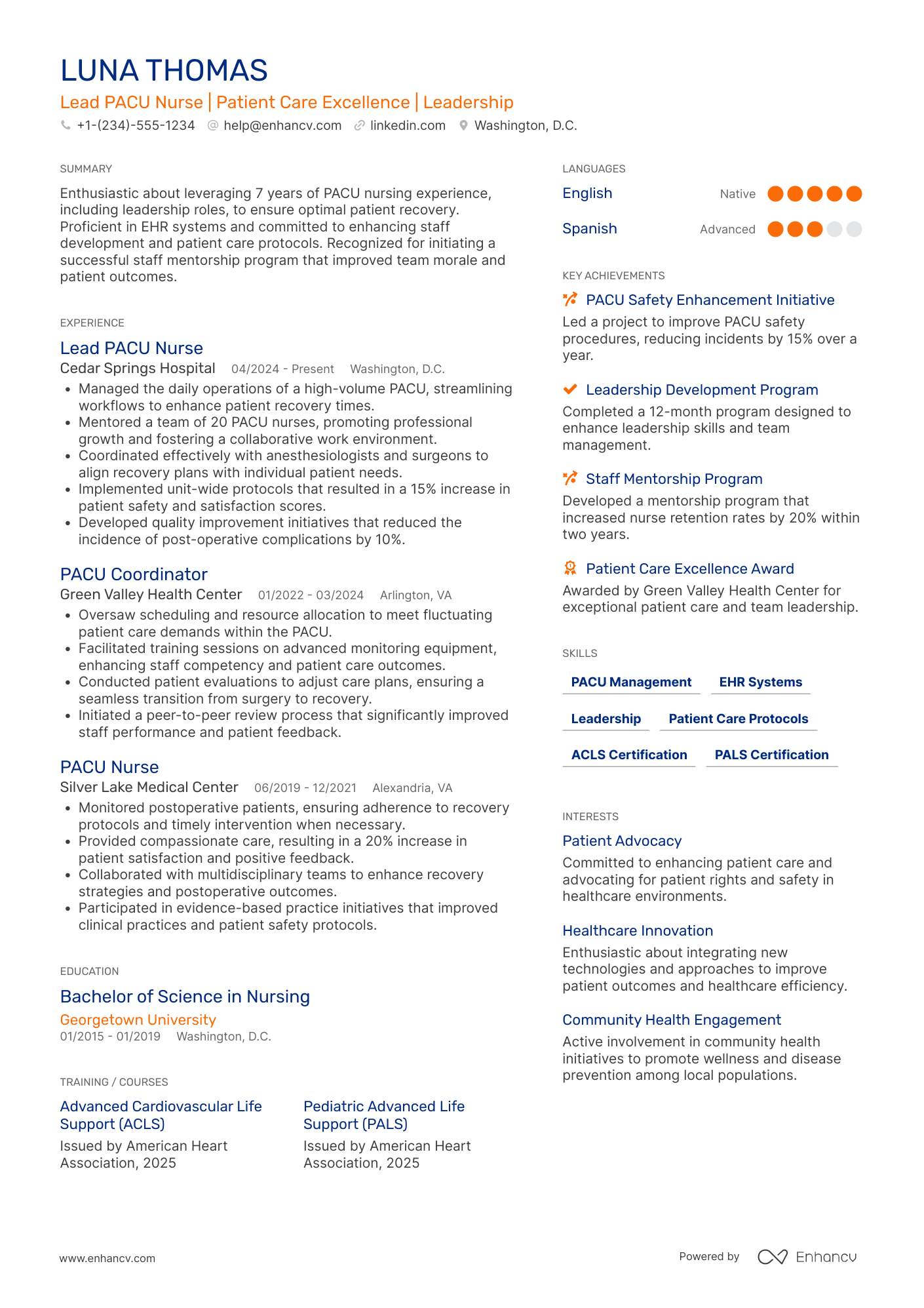 A resume example of a Lead PACU Nurse