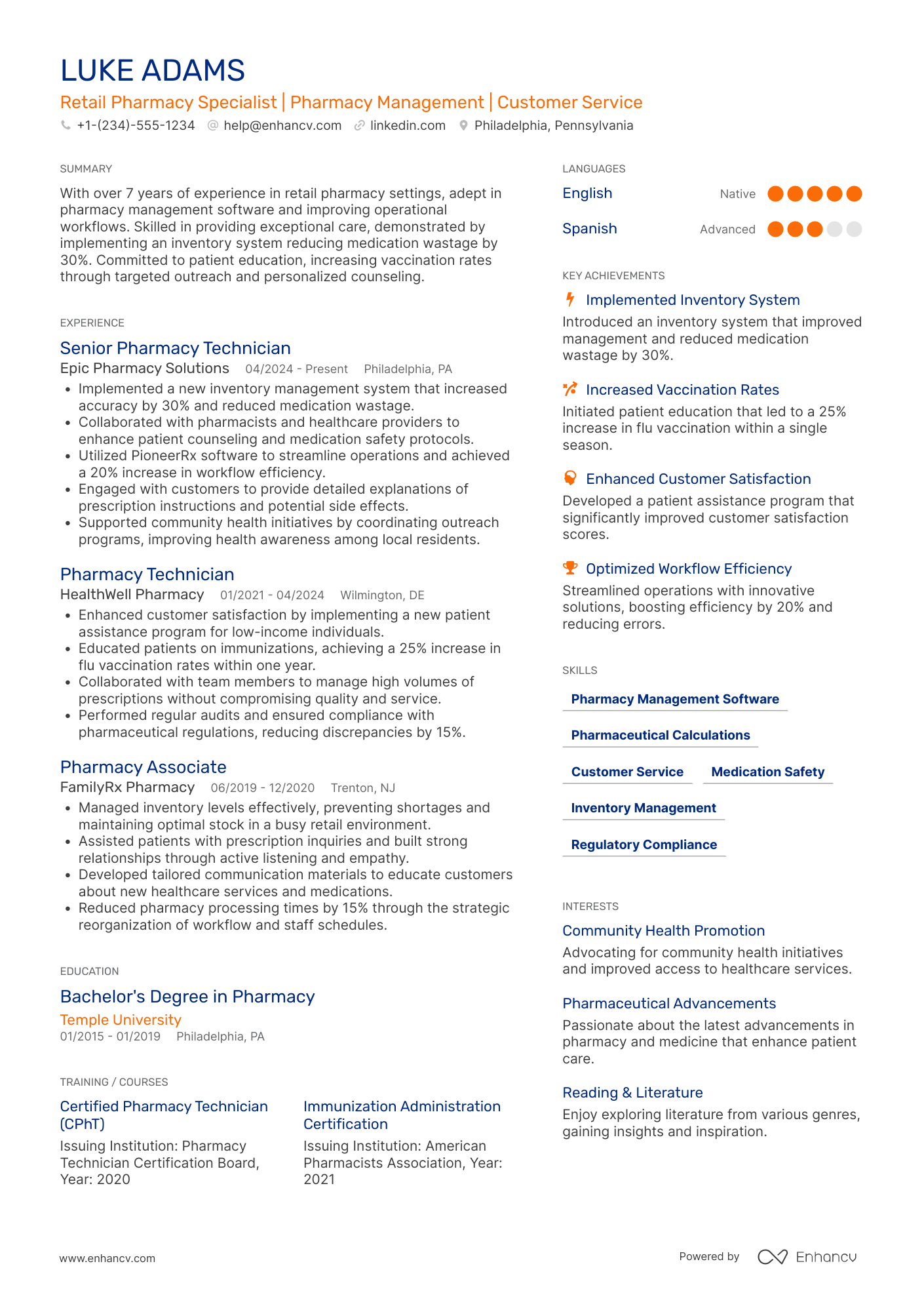 A resume example of a Retail Pharmacy Specialist