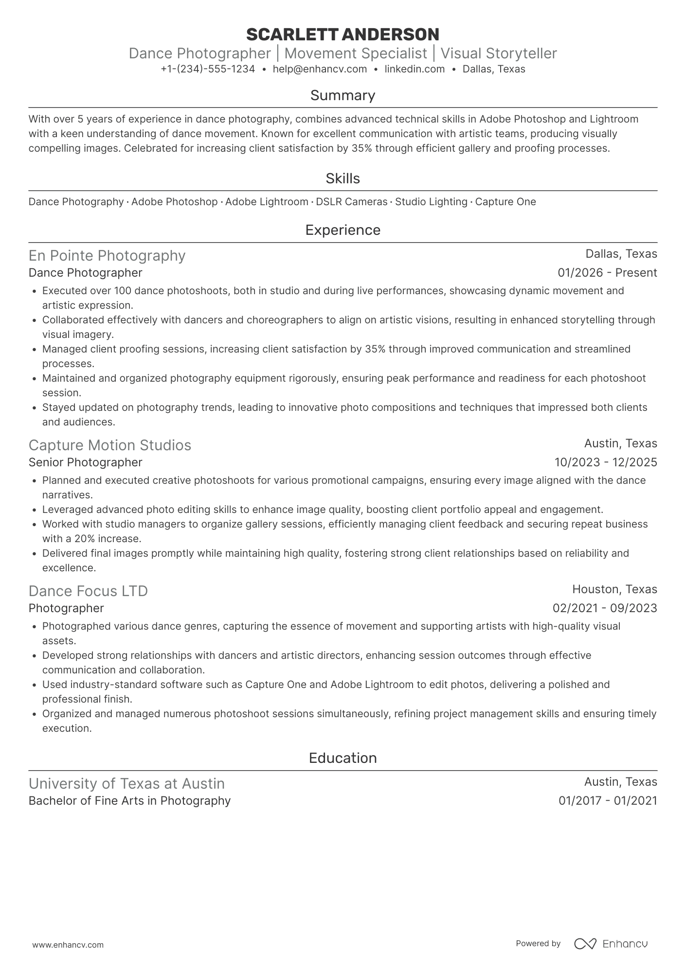 A resume example of a Dance Photographer