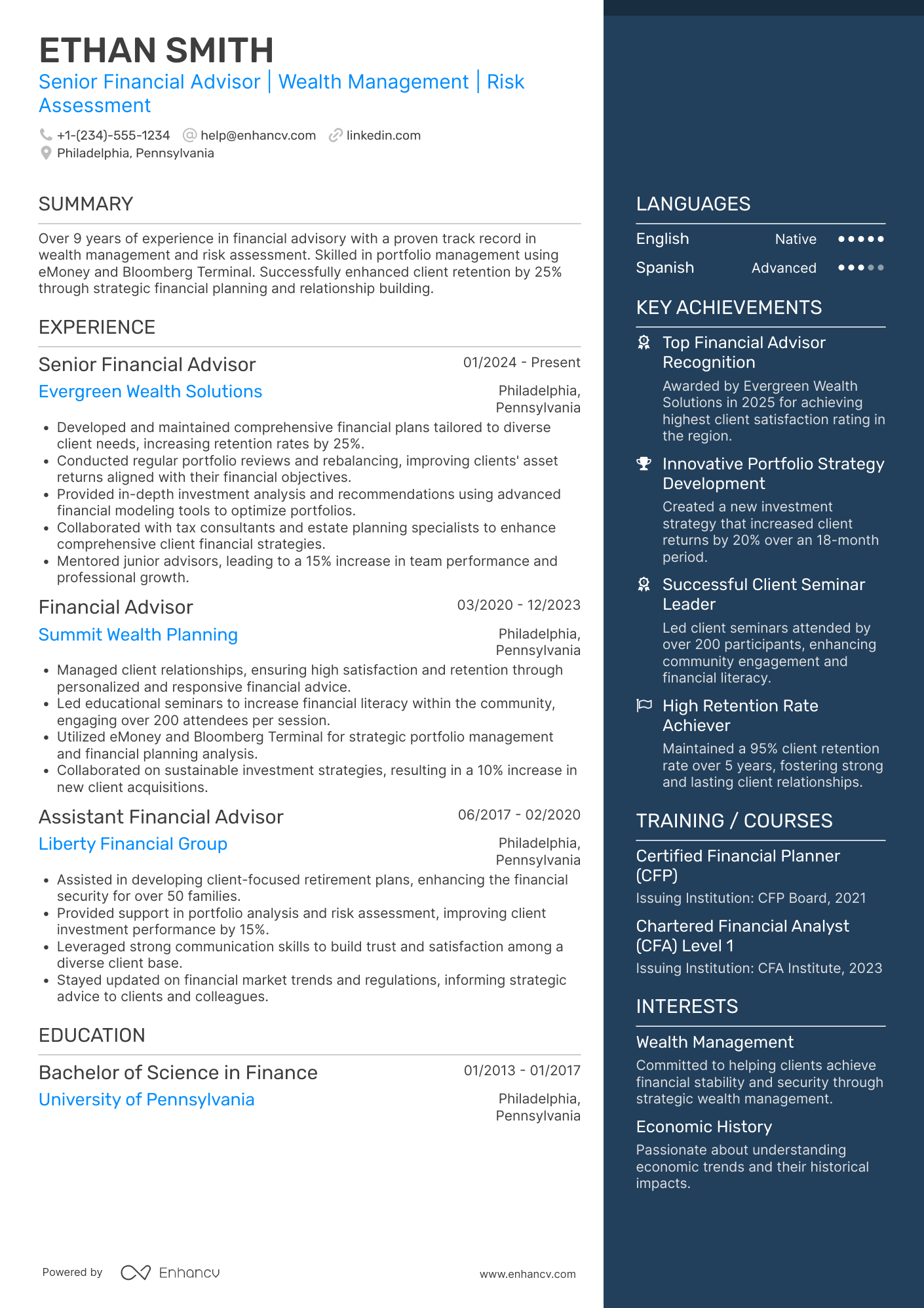 A resume example of a Senior Financial Advisor