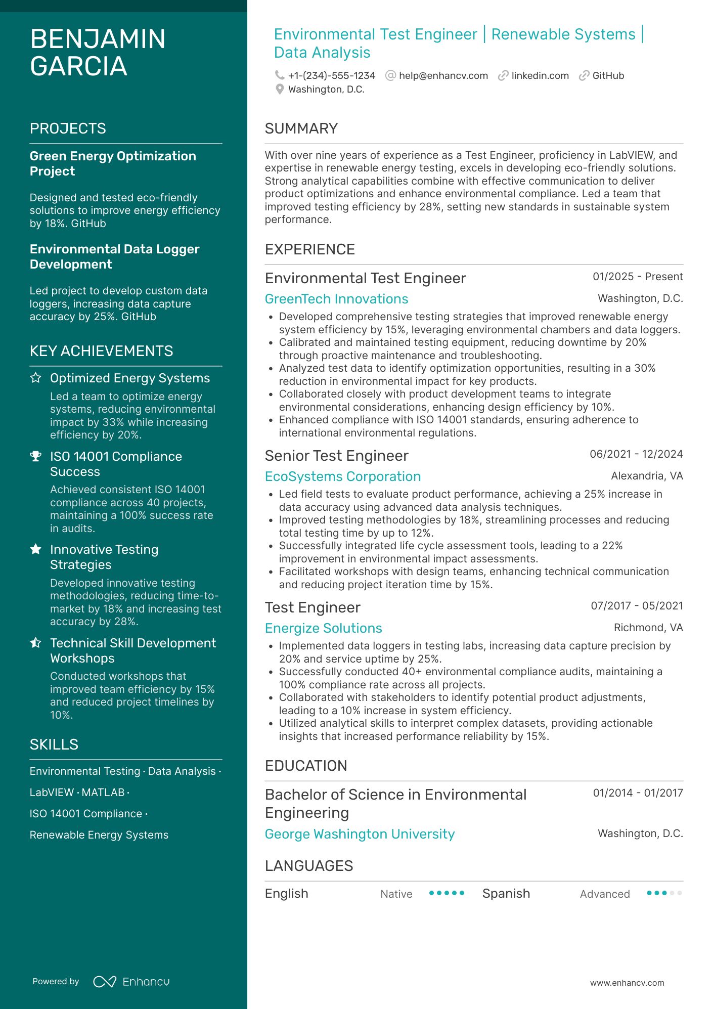 A resume example of a Environmental Test Engineer