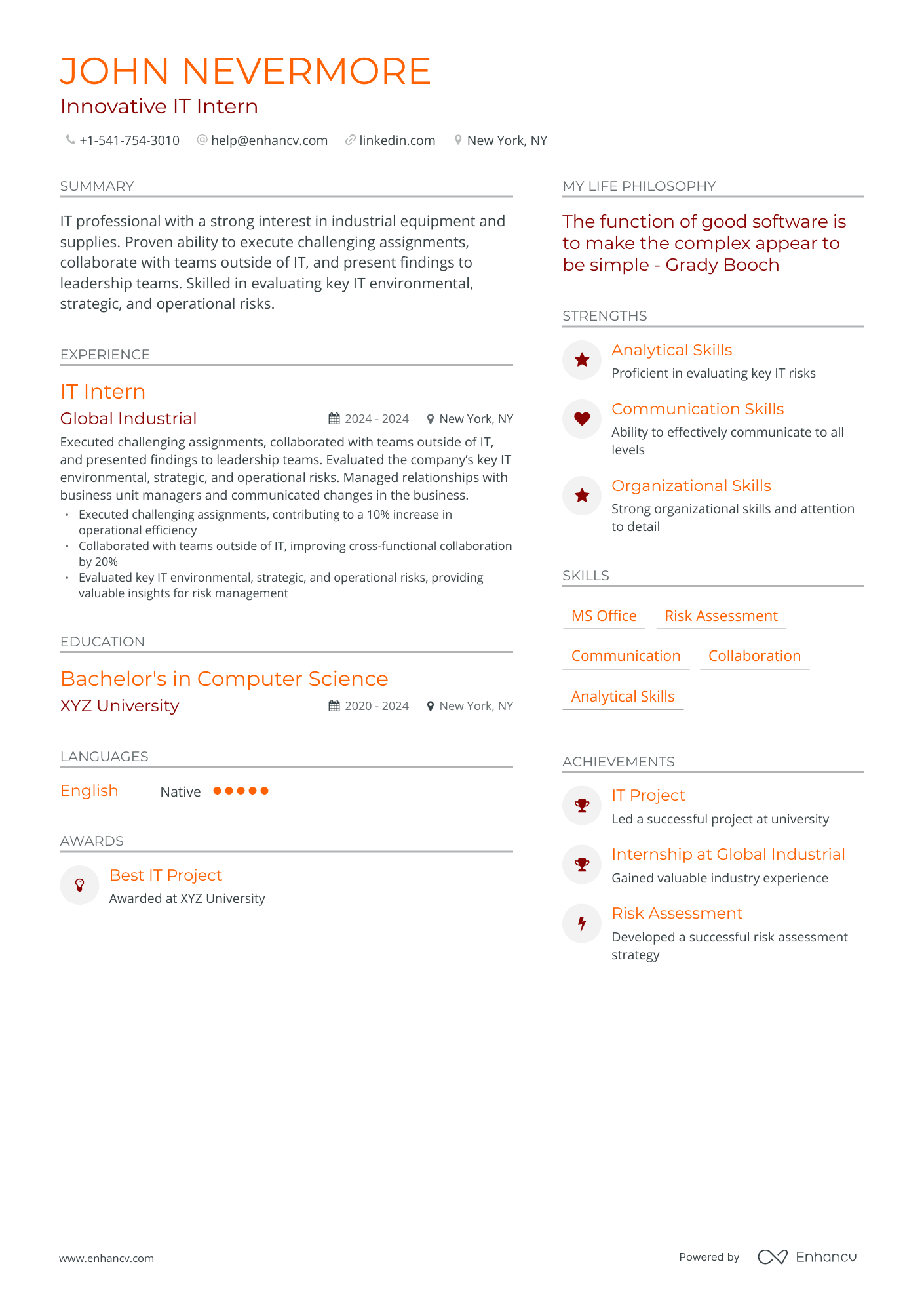 sample resume of it student