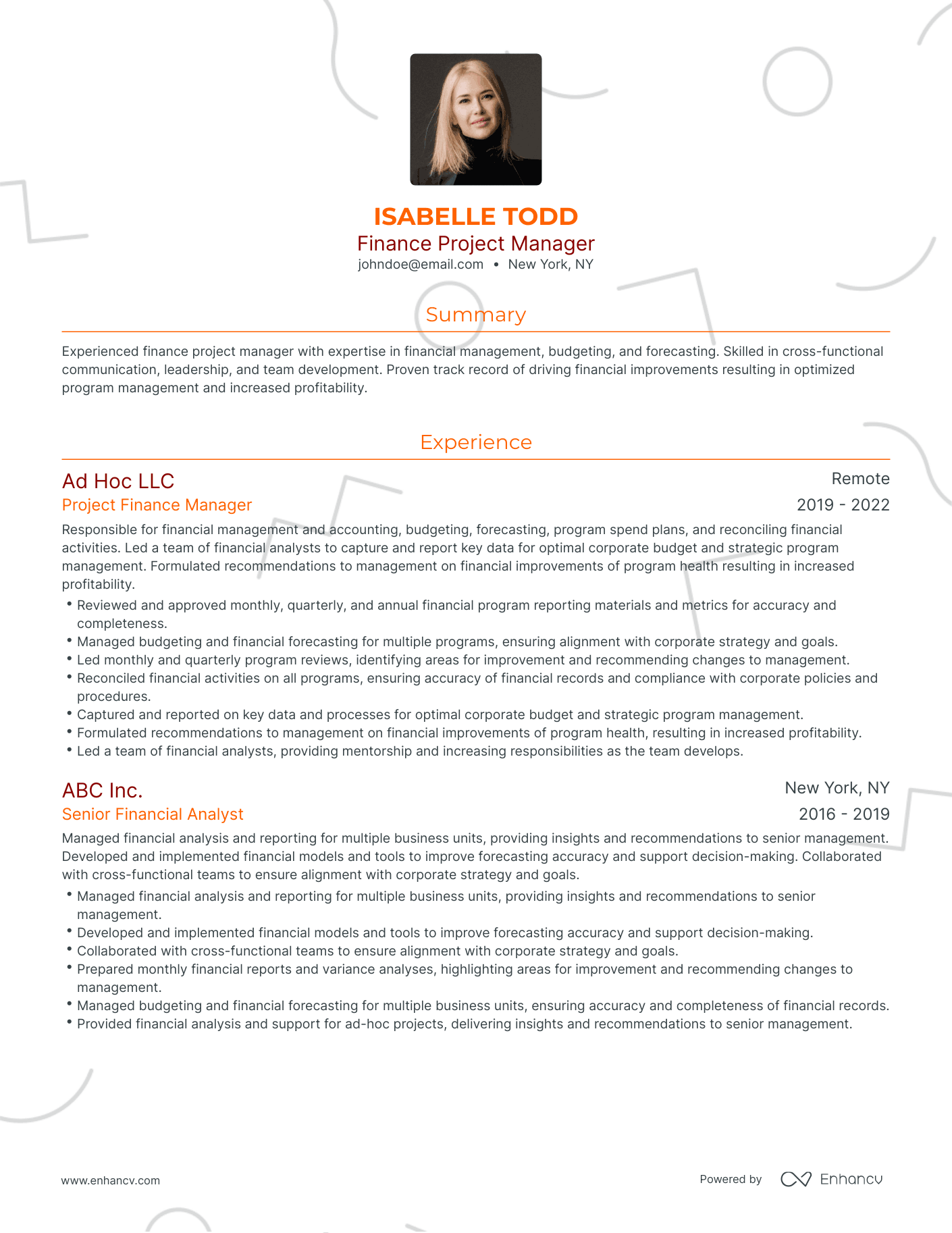 Traditional Finance Project Manager Resume Template