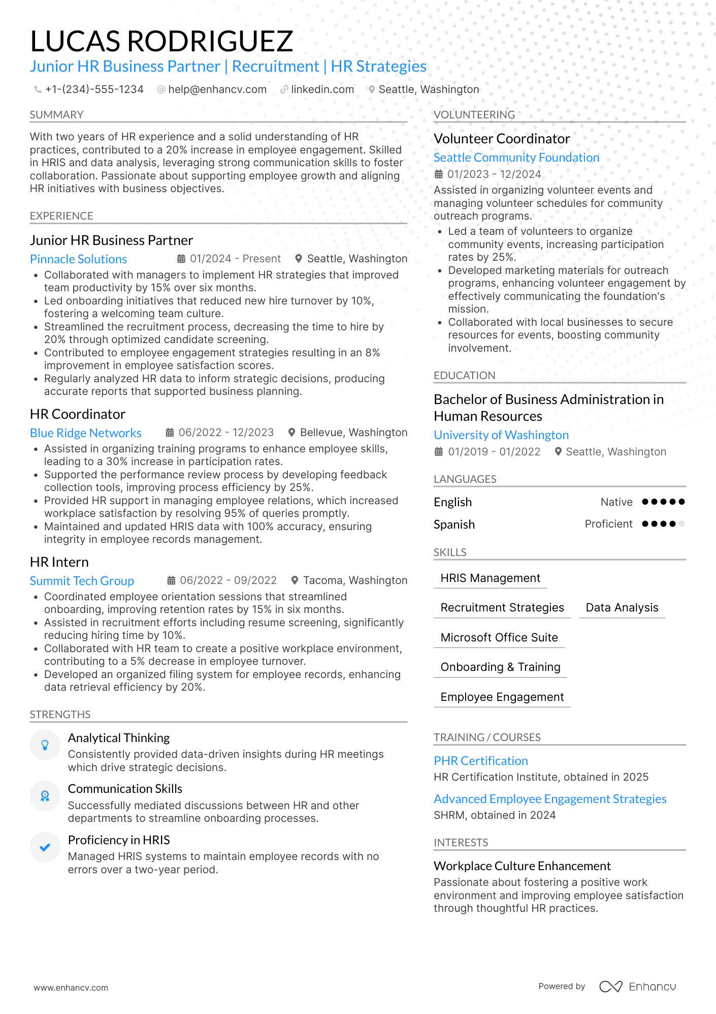 A resume example of a Junior HR Business Partner