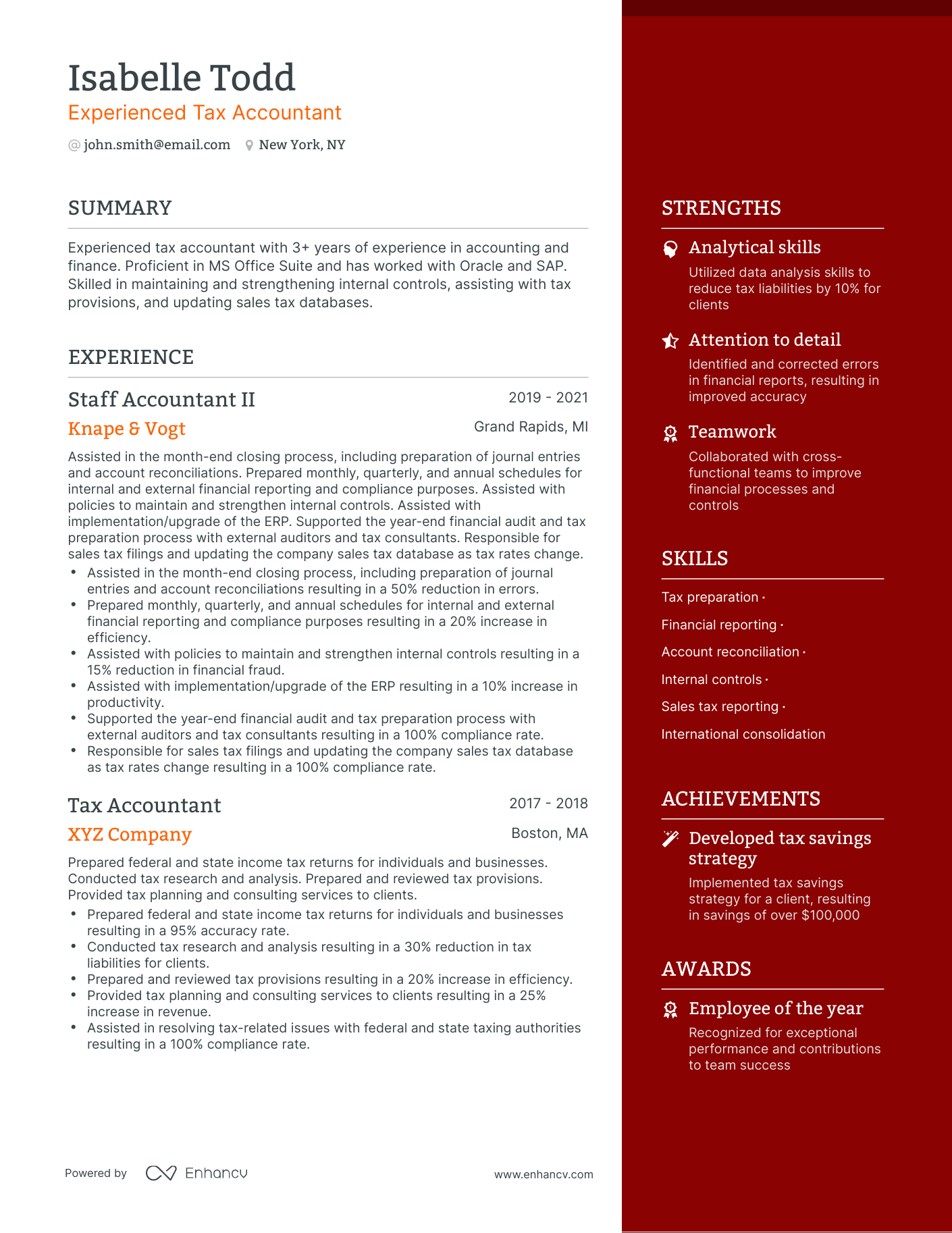 One Page Tax Accountant Resume Template
