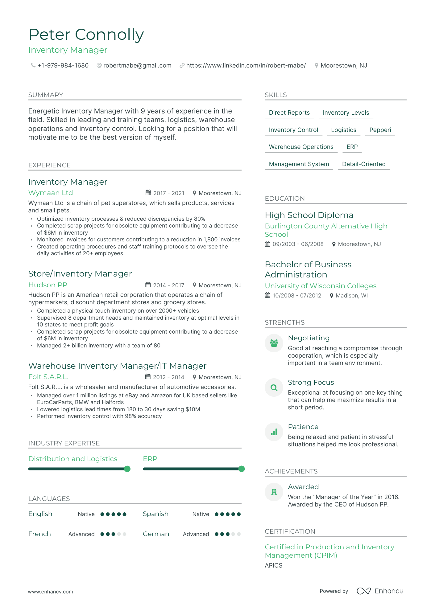 Modern Inventory Manager Resume Template