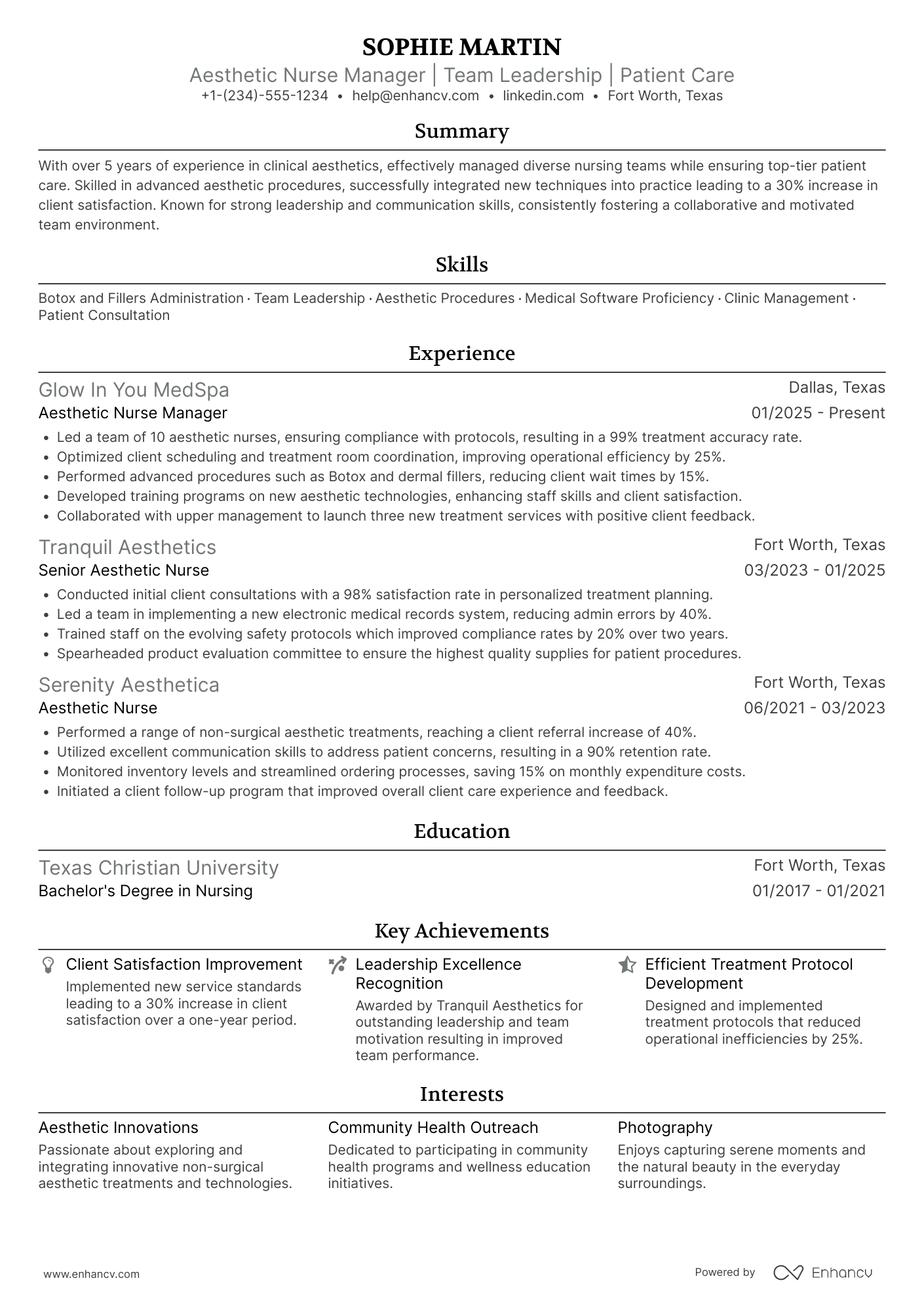A resume example of a Aesthetic Nurse Manager
