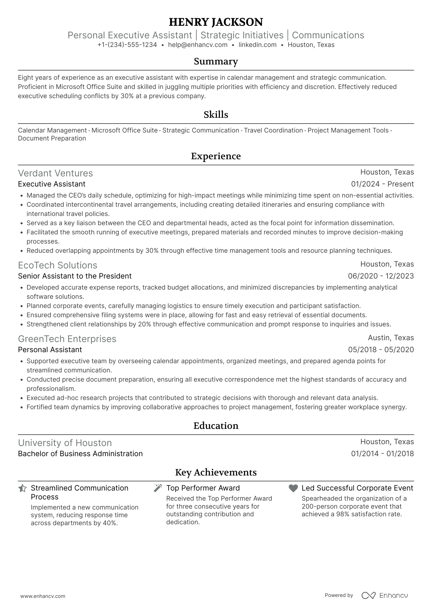 A resume example of a Personal Executive Assistant
