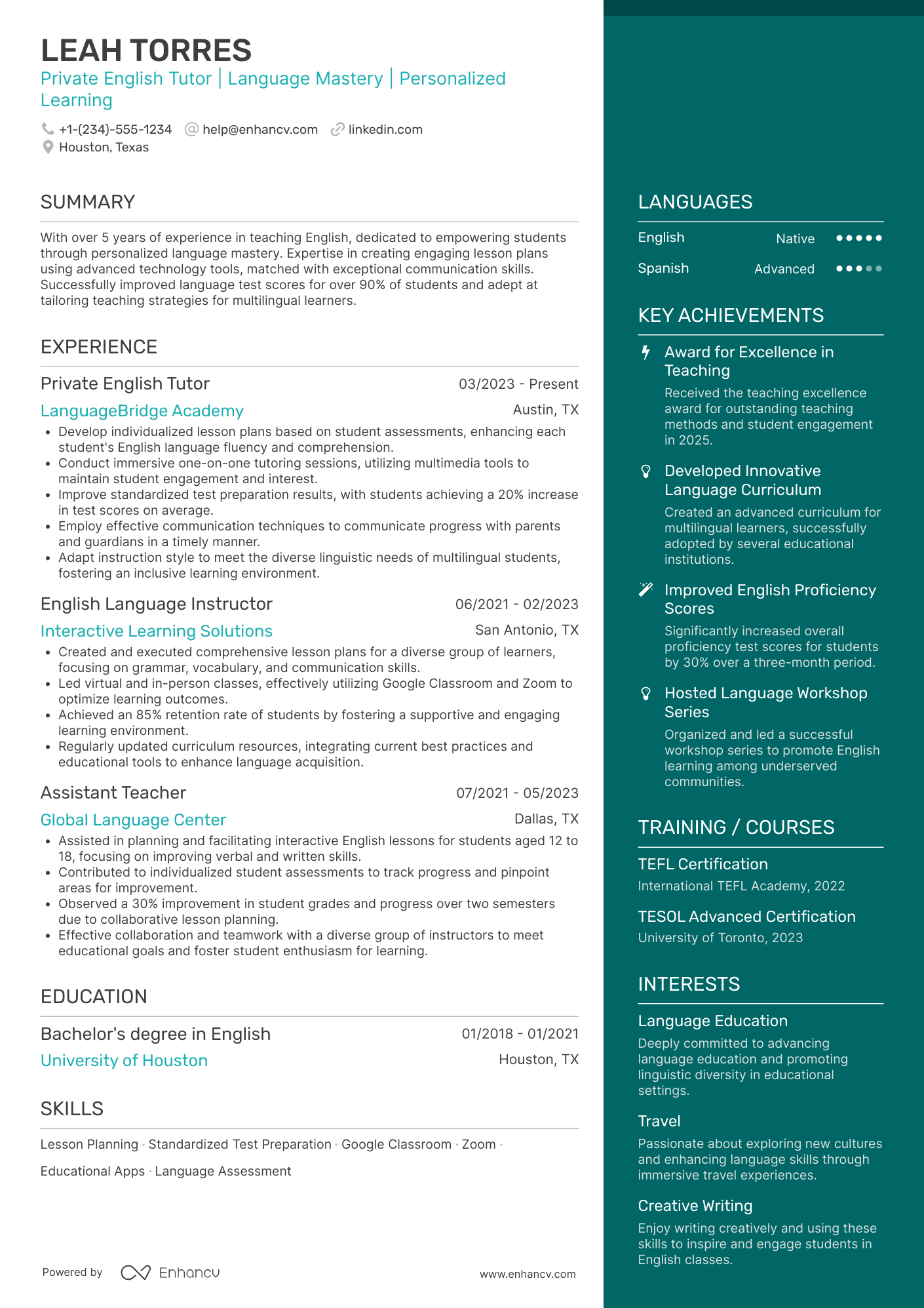 A resume example of a Private English Tutor
