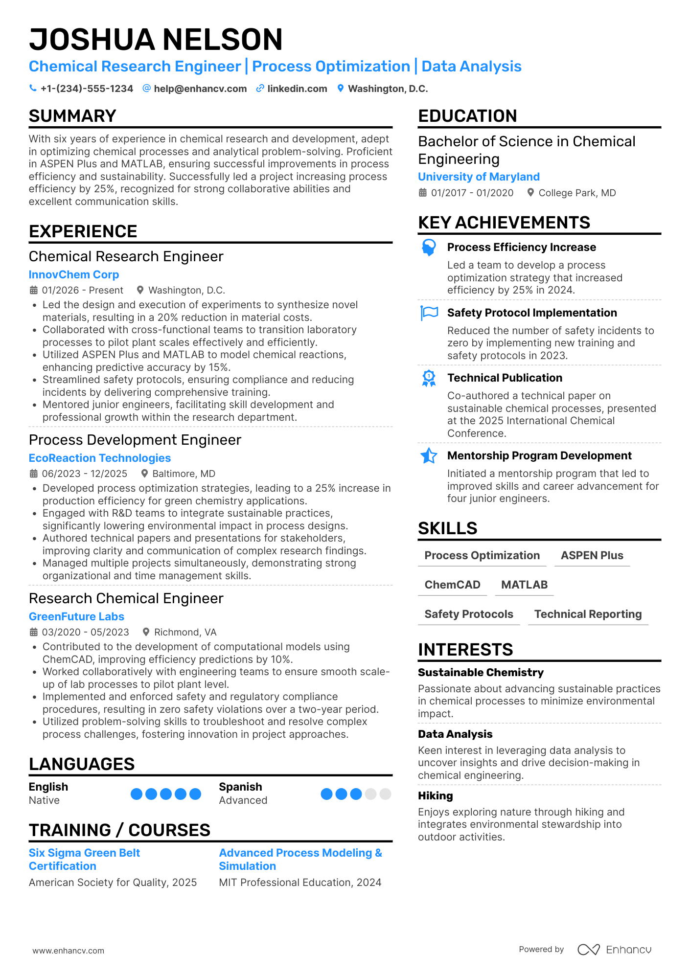 A resume example of a Chemical Research Engineer