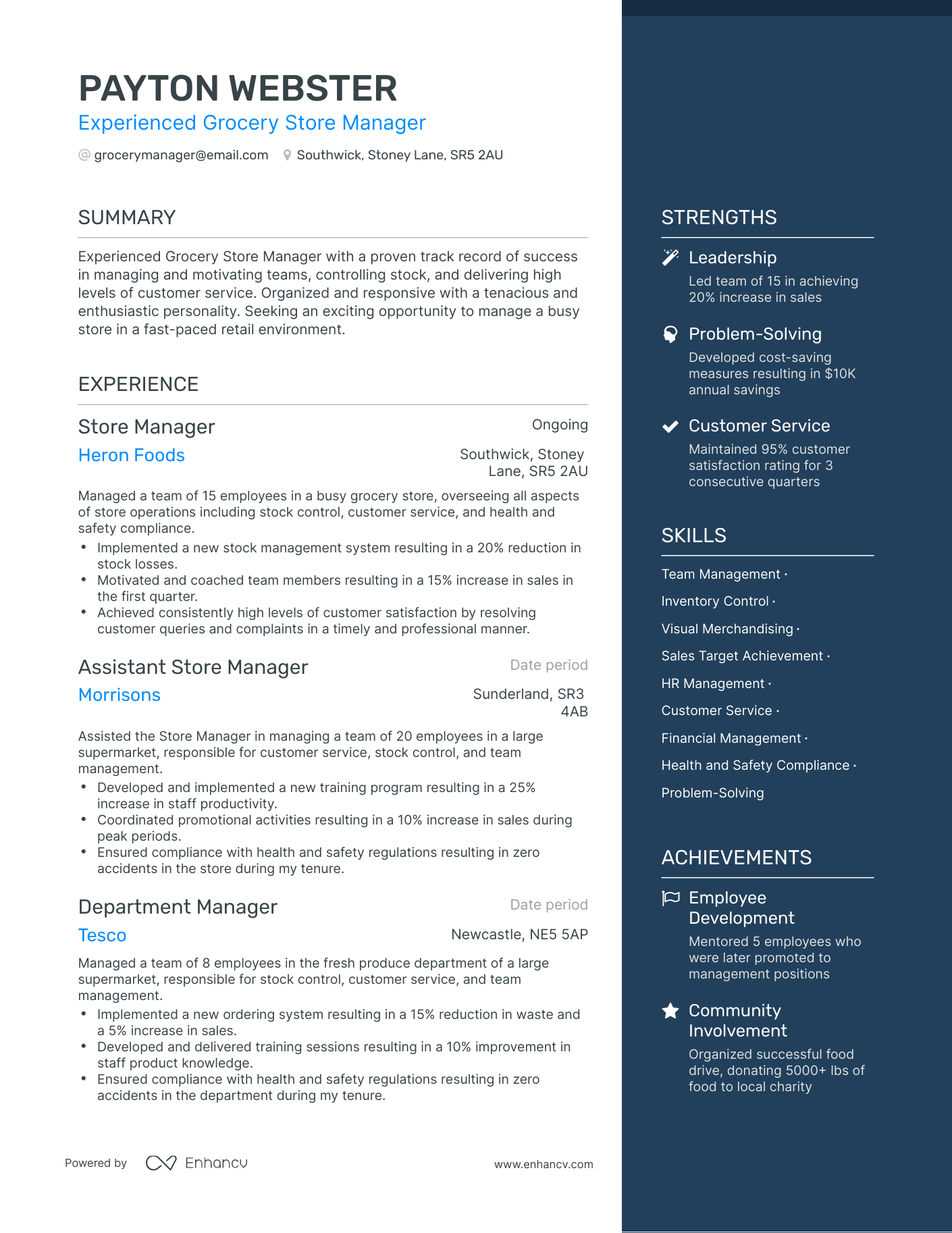 One Page Grocery Store Manager Resume Template
