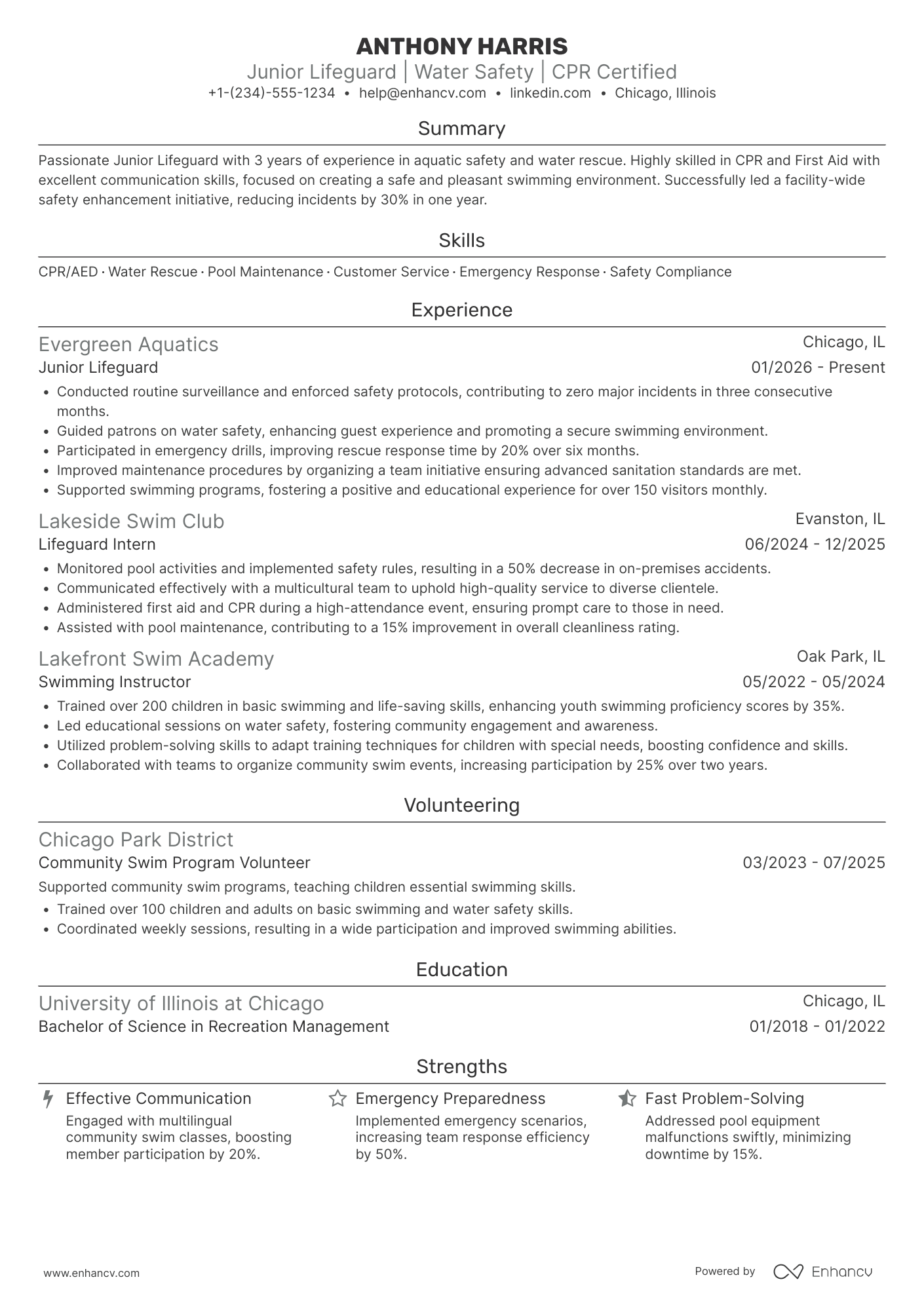 A resume example of a Junior Lifeguard