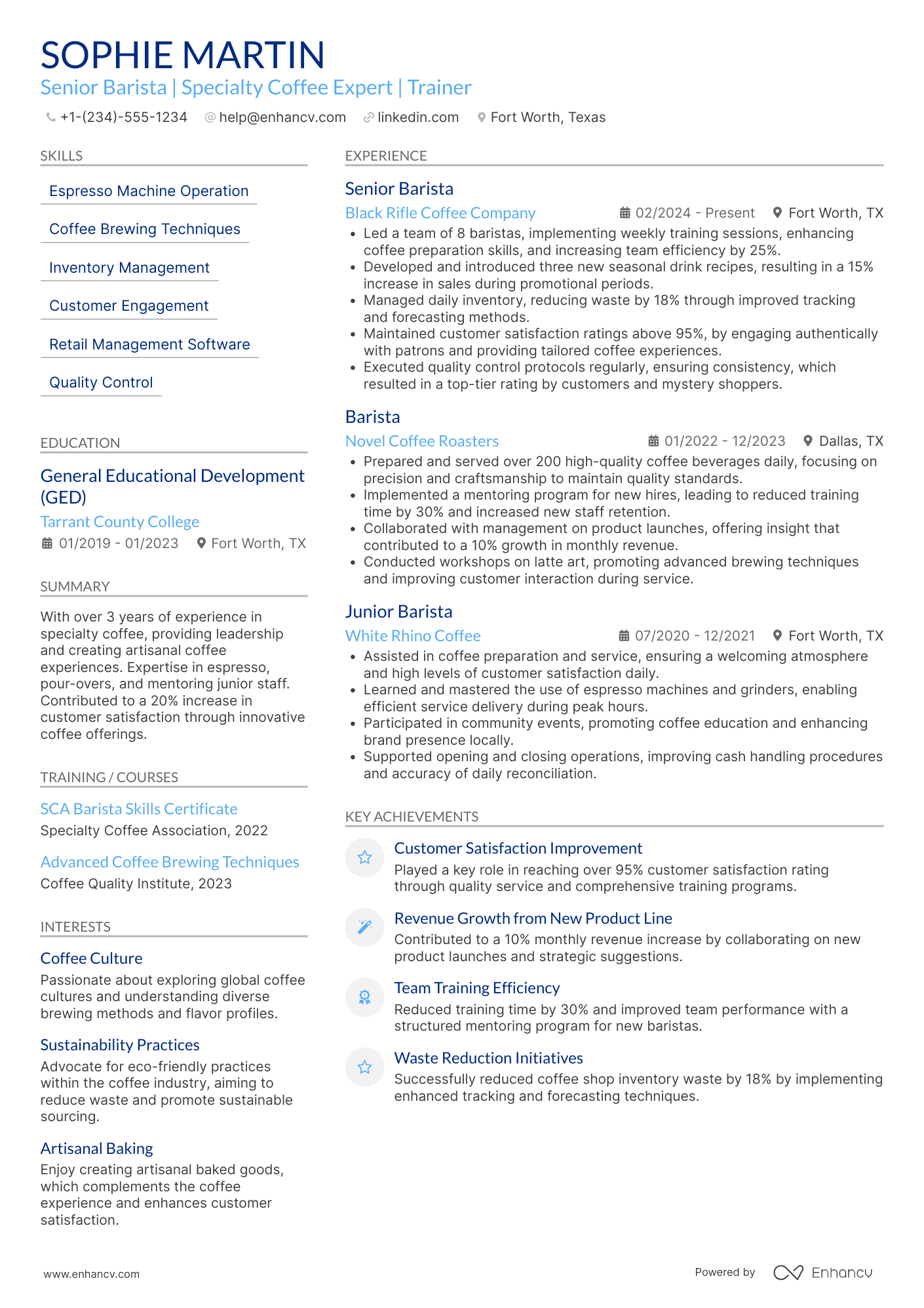 A resume example of a Senior Barista