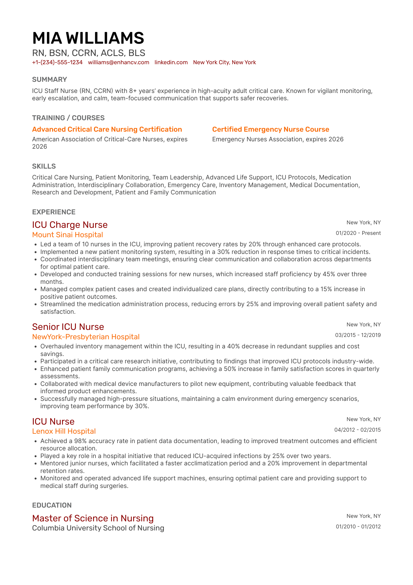 A resume example of a ICU Staff Nurse