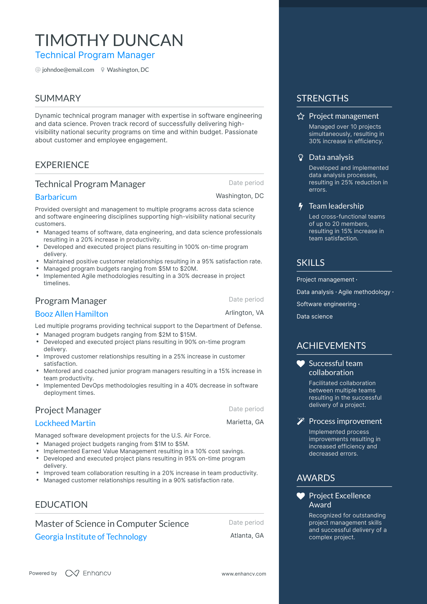 One Page Technical Program Manager Resume Template