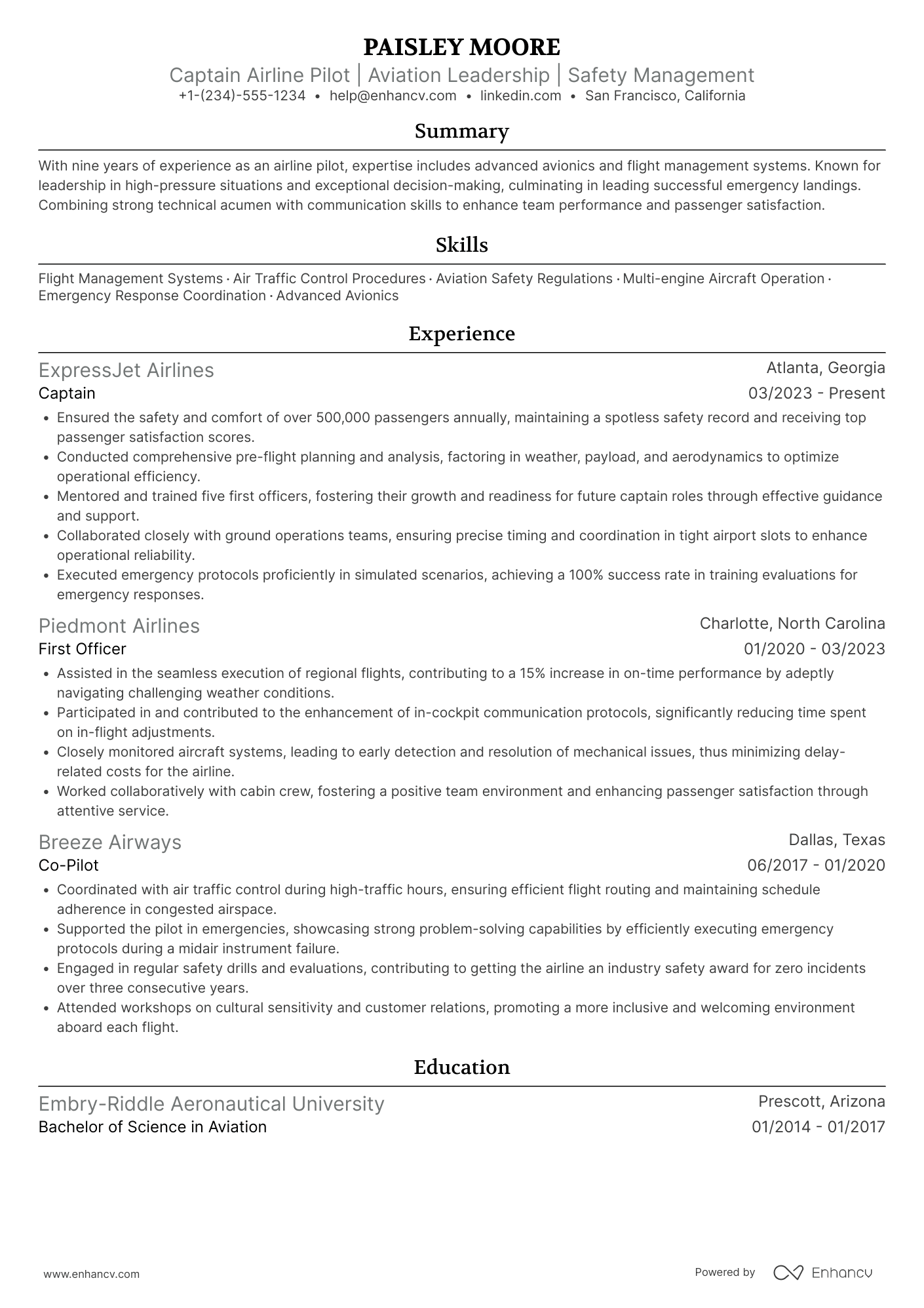 A resume example of a Captain Airline Pilot