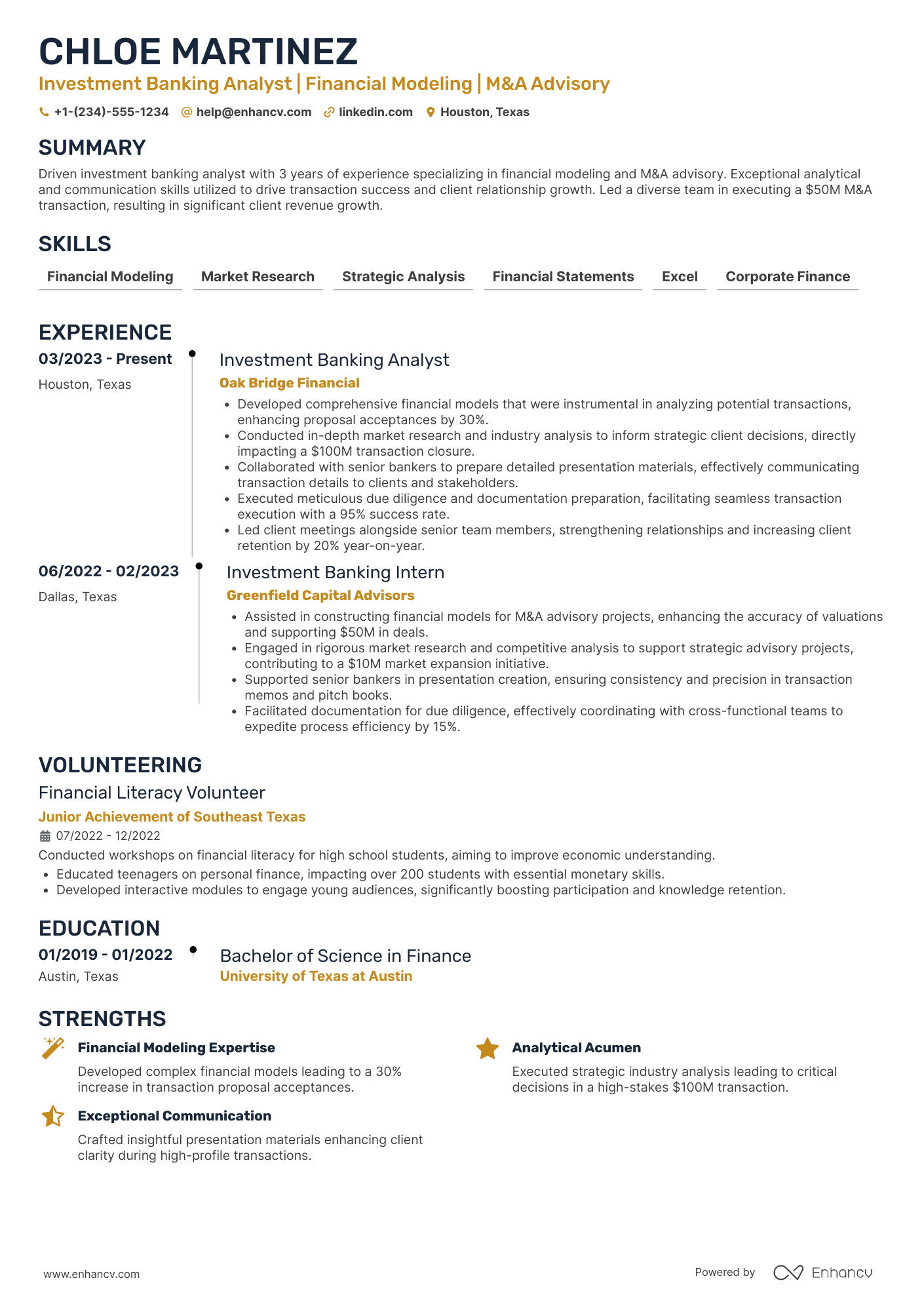 A resume example of a Investment Banking Associate