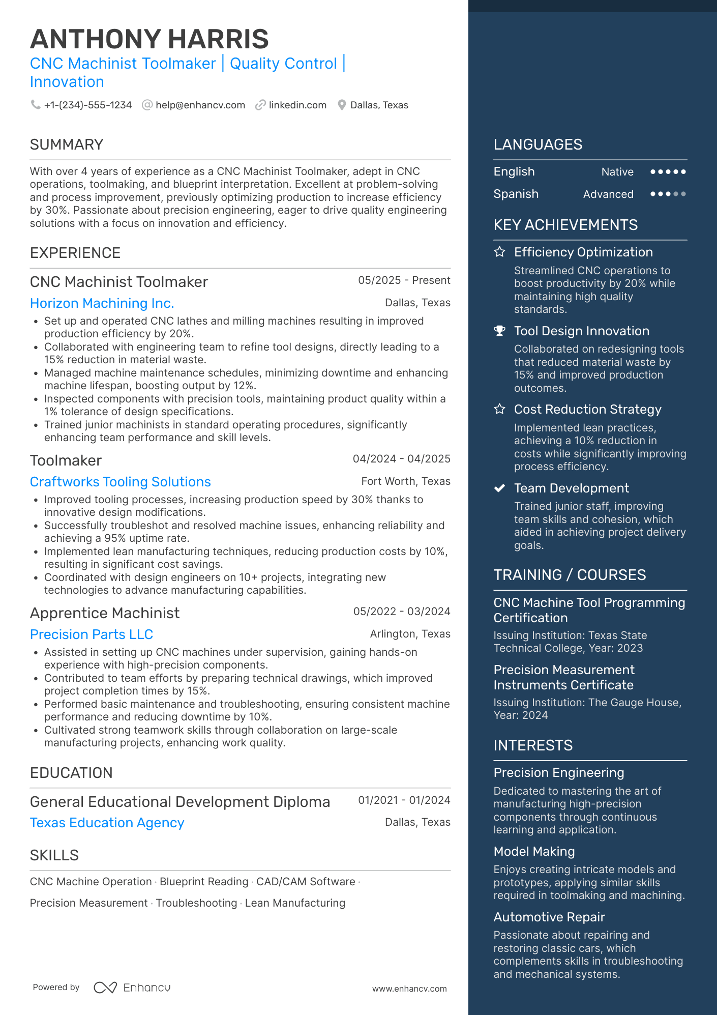 A resume example of a CNC Machinist Toolmaker