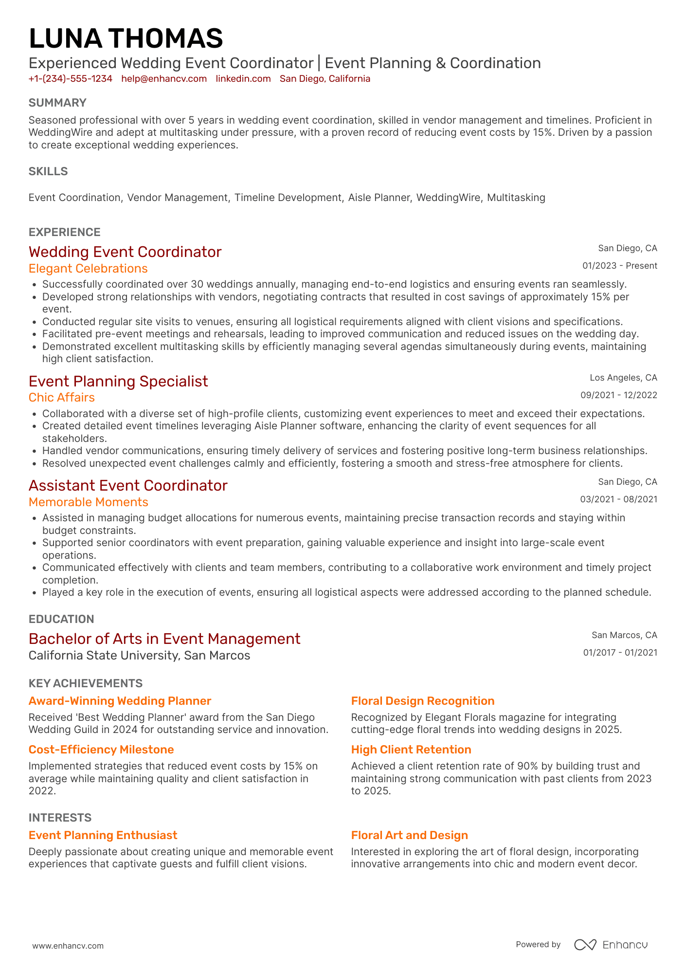 A resume example of a Wedding Event Coordinator