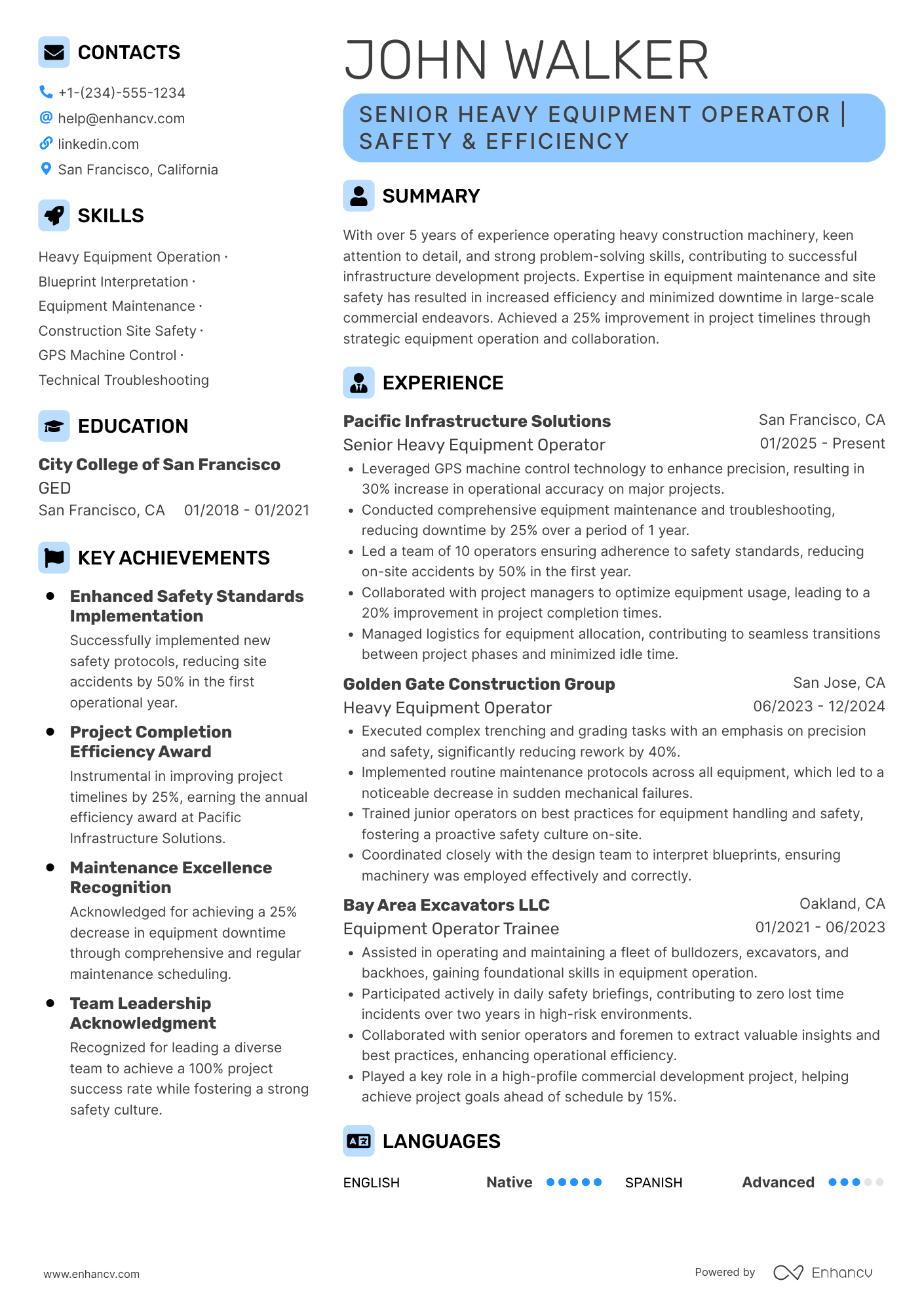 A resume example of a Heavy Equipment Construction Worker