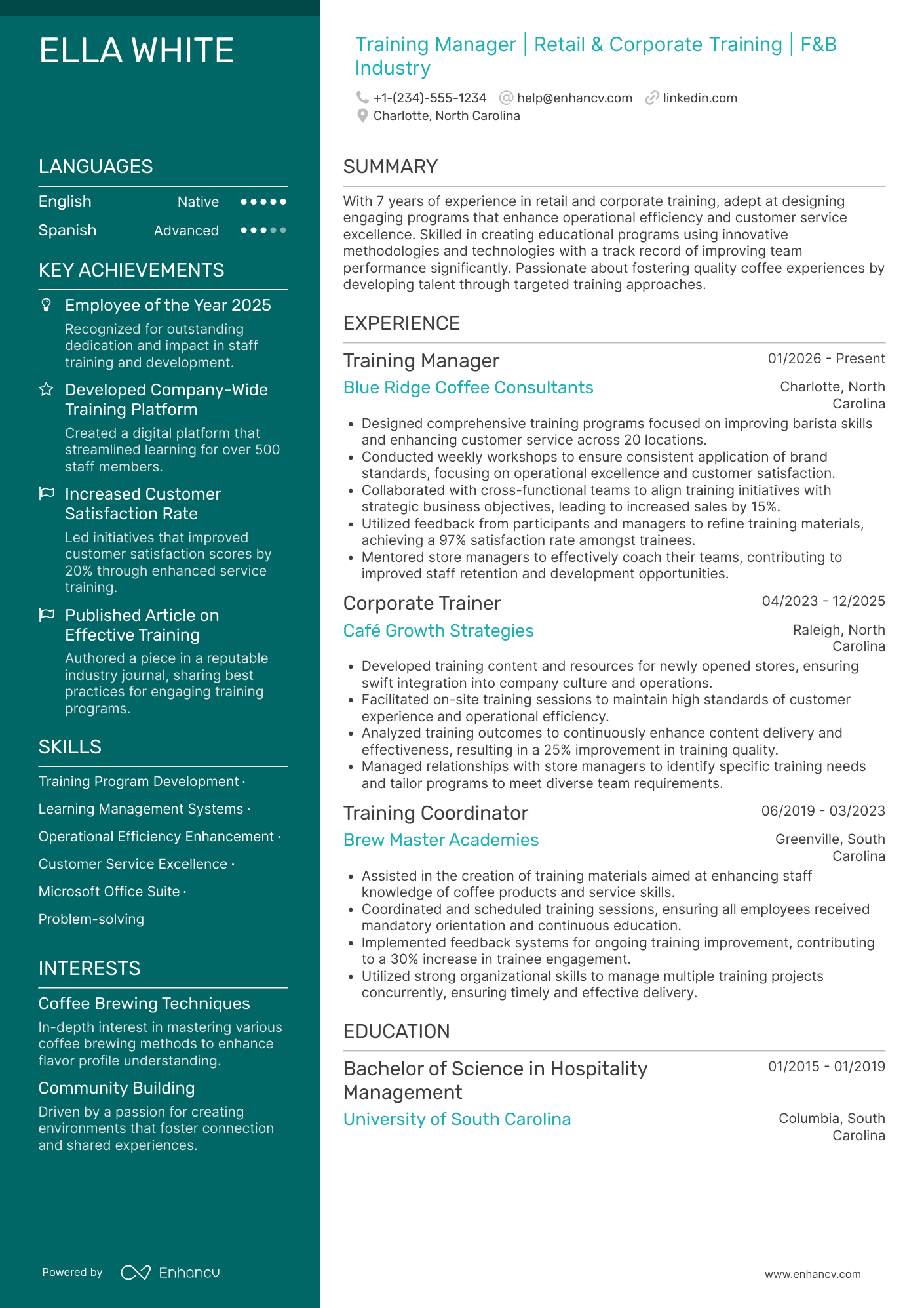 A resume example of a Starbucks Training Manager