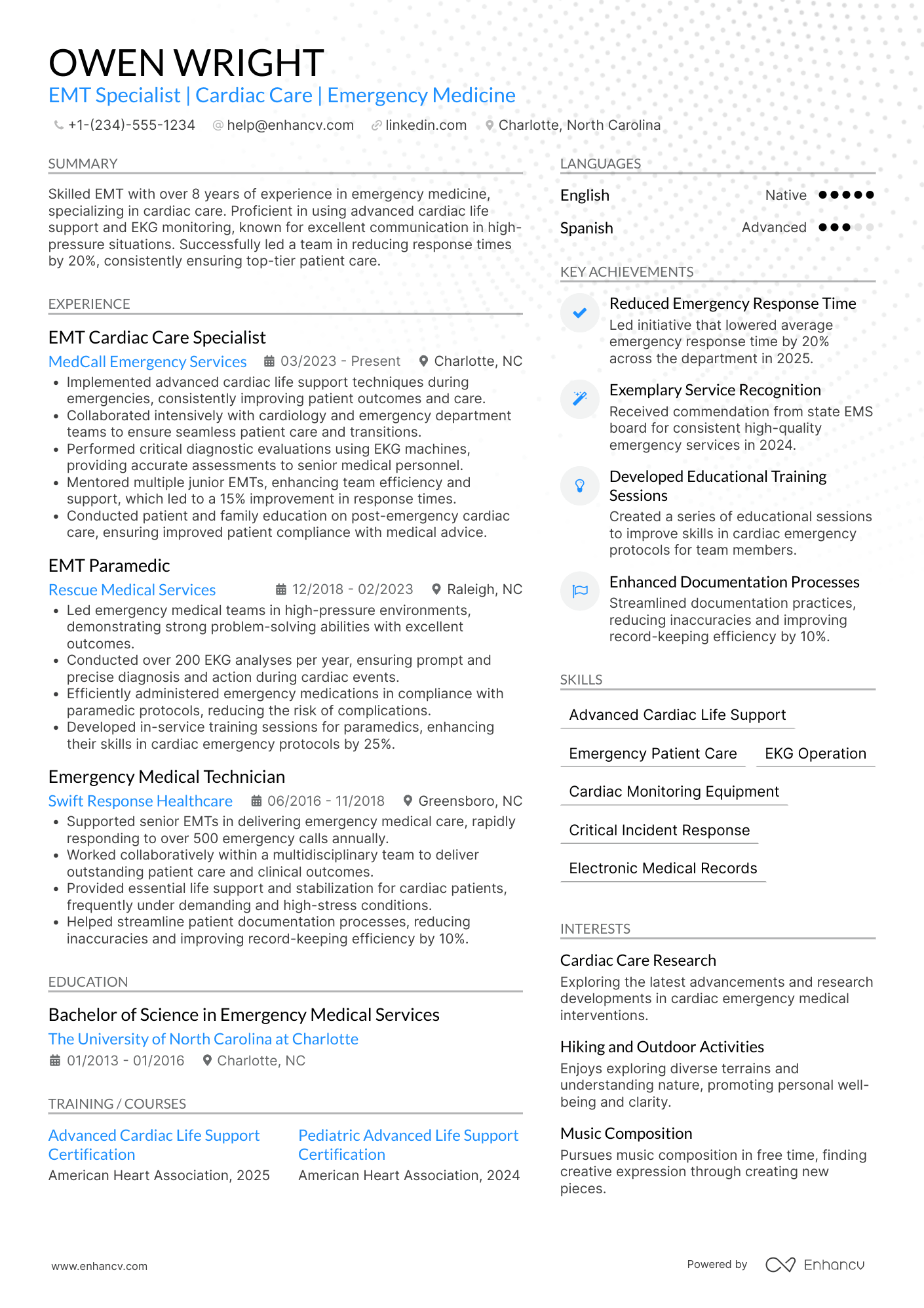A resume example of a EMT Cardiac Care Specialist