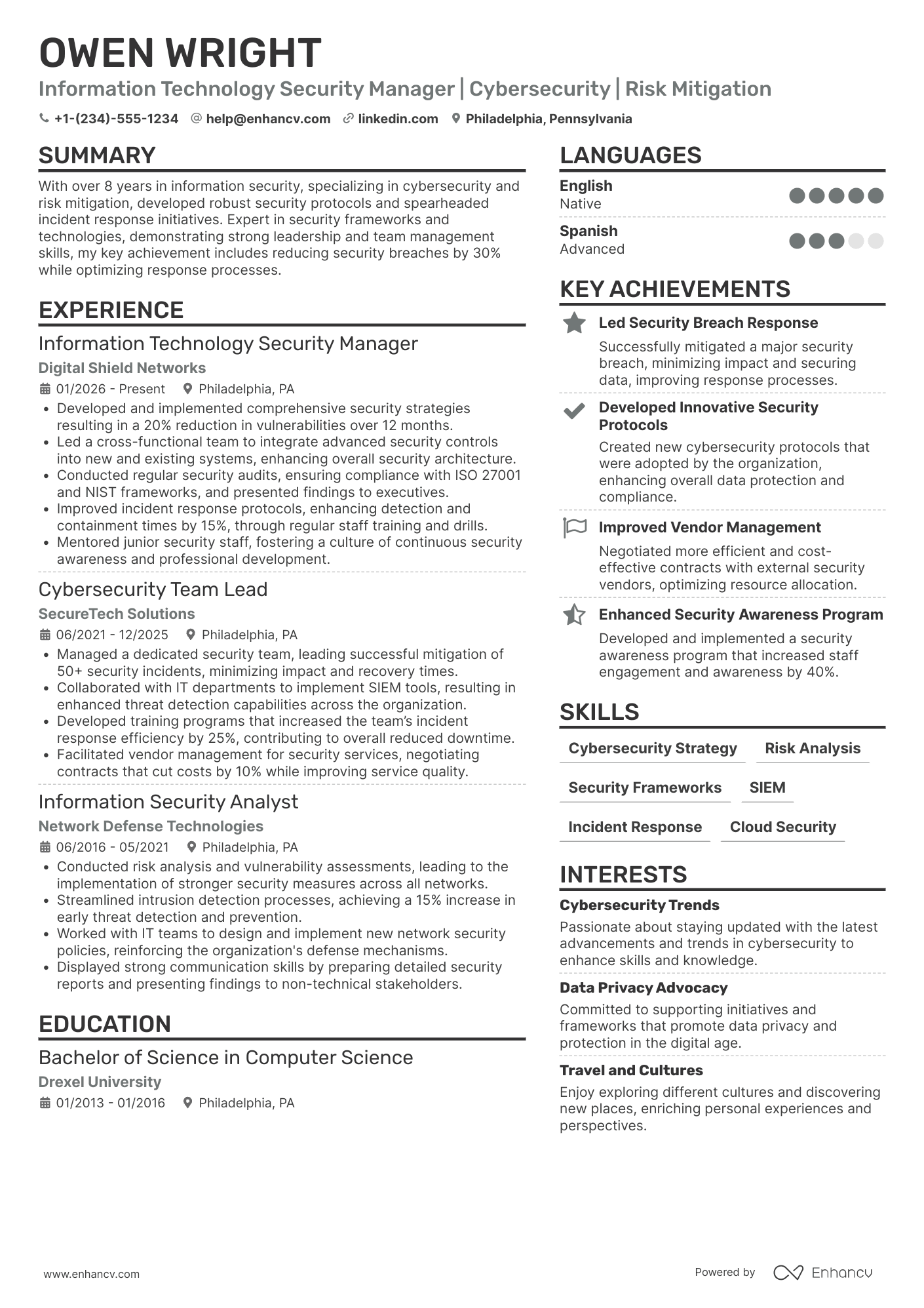 A resume example of a Information Technology Security Manager