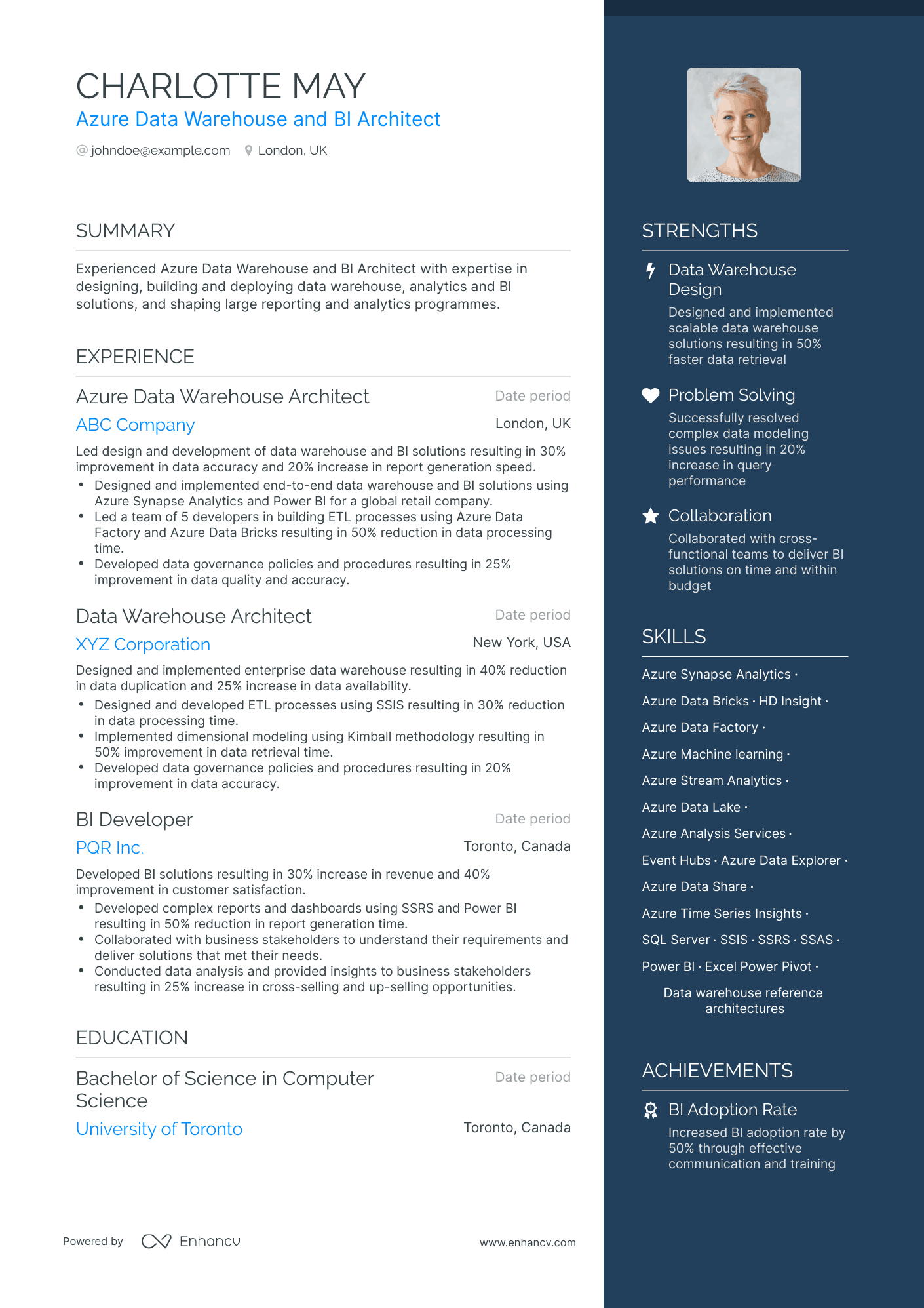 A resume example of a Data Warehouse Architect