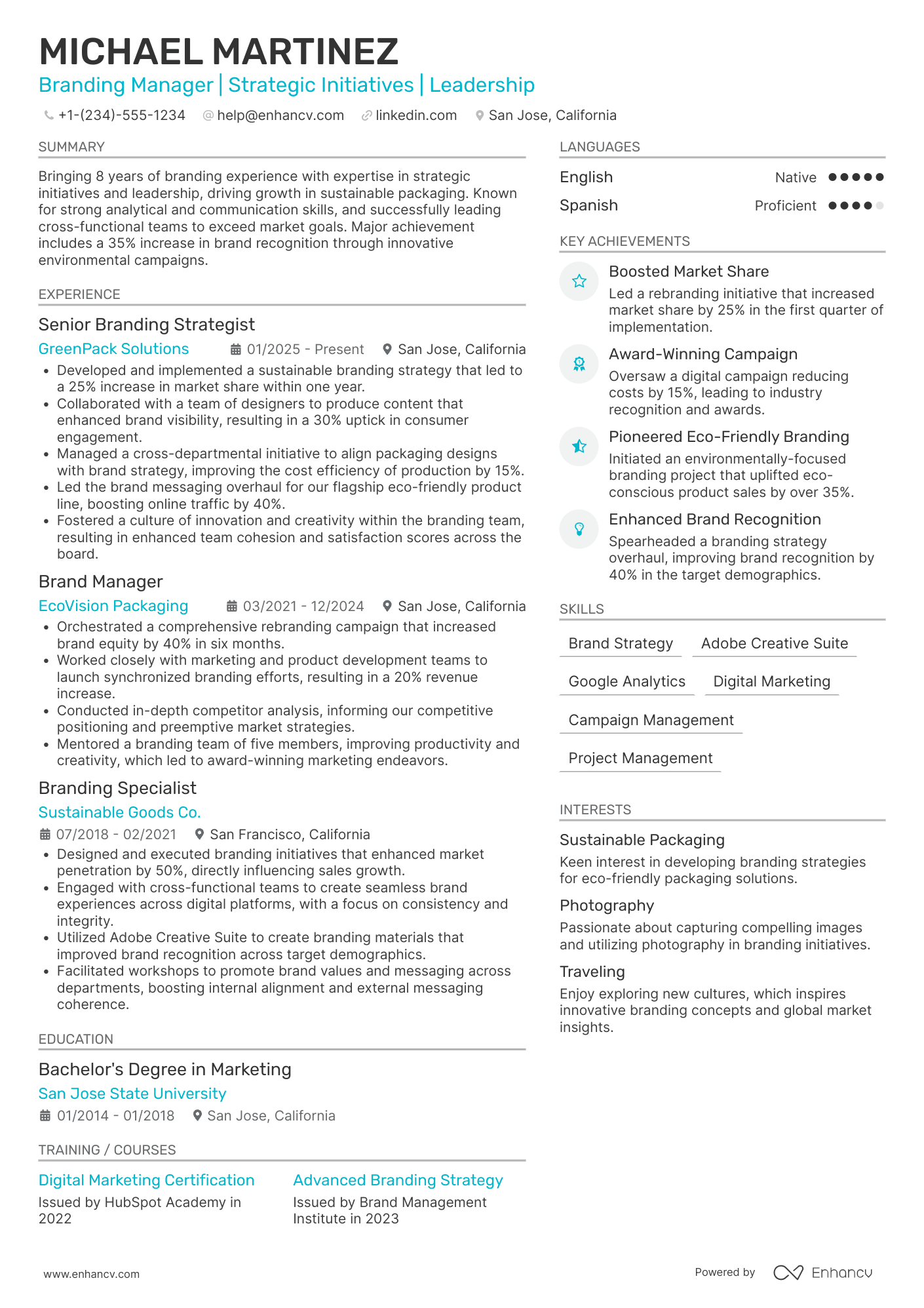 A resume example of a Branding Manager
