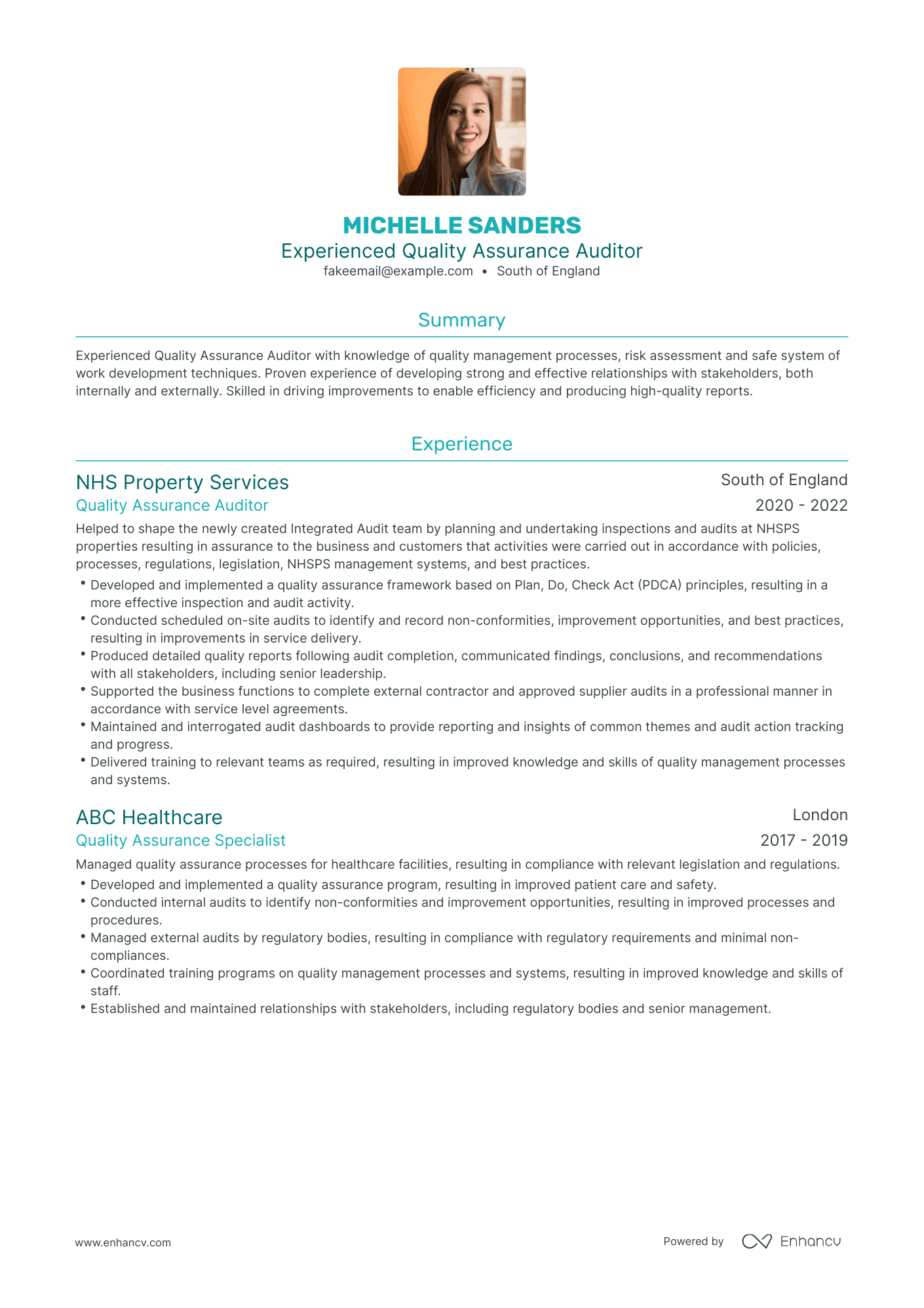 Traditional Quality Assurance Auditor Resume Template