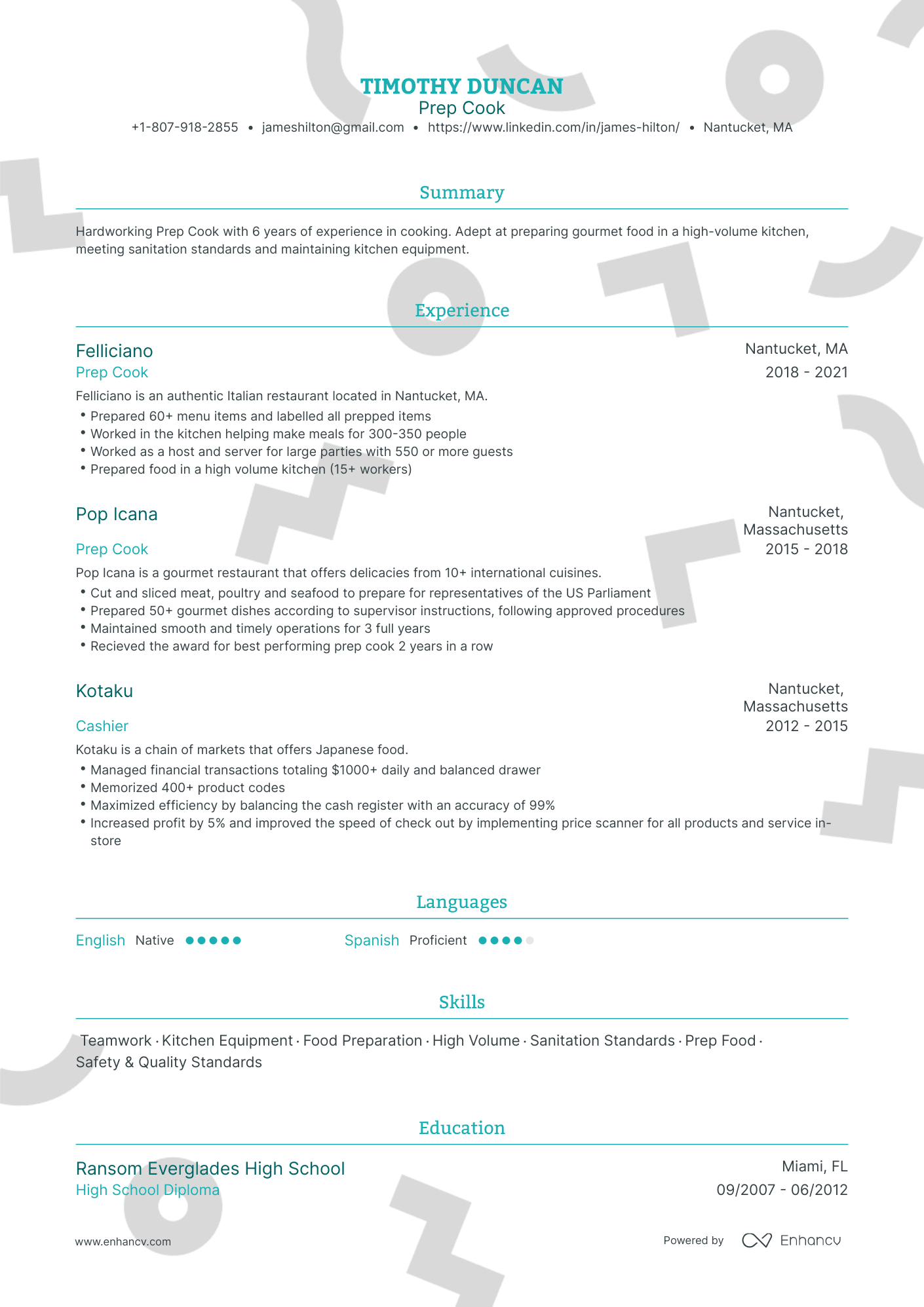 Traditional Prep Cook Resume Template