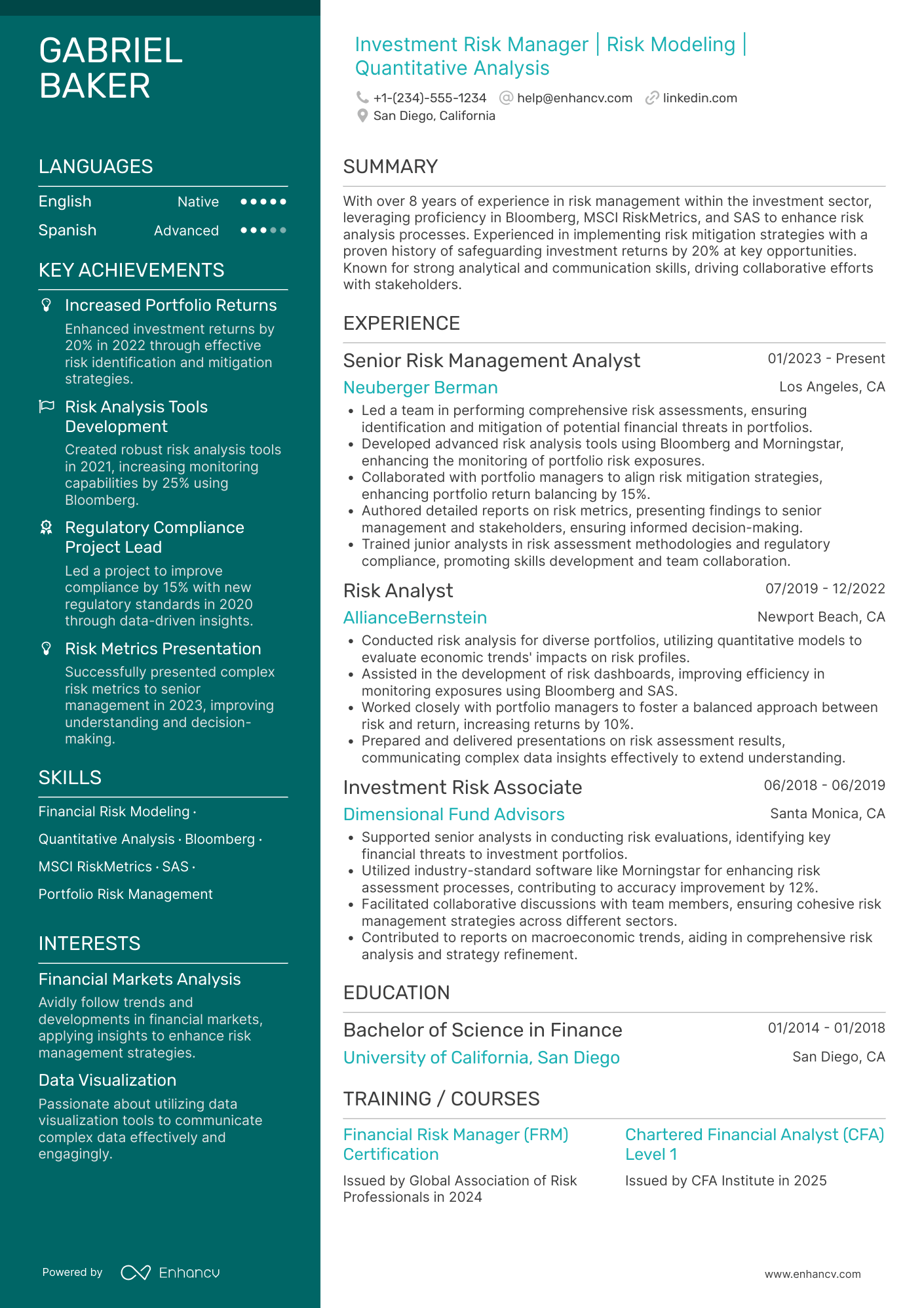 A resume example of a Investment Risk Manager