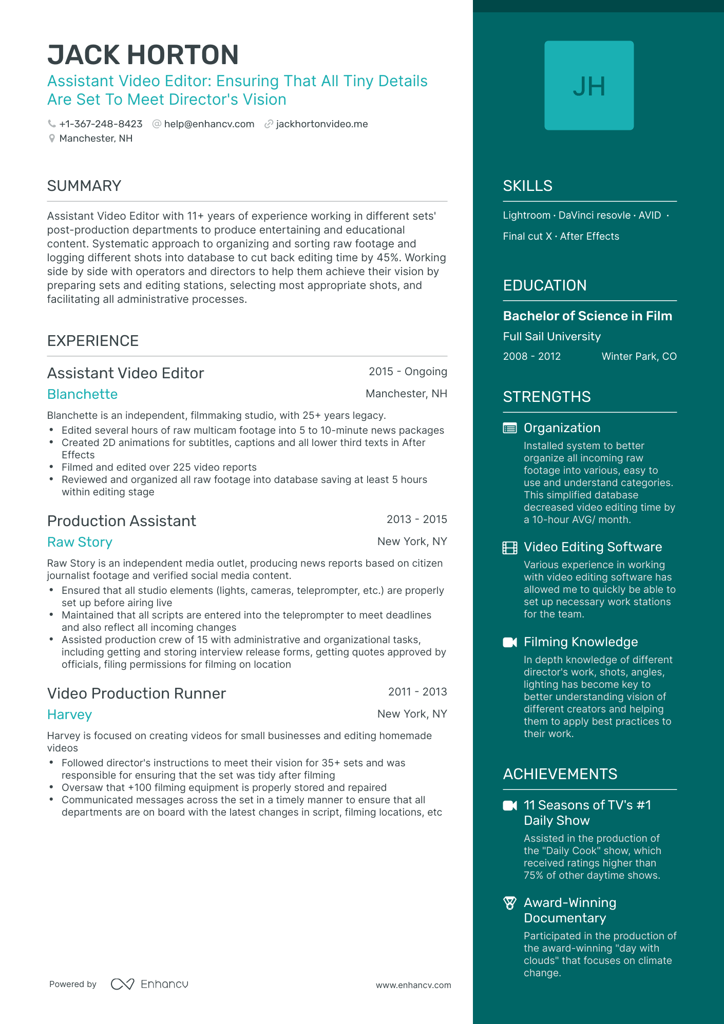 One Page Assistant Video Editor Resume Template