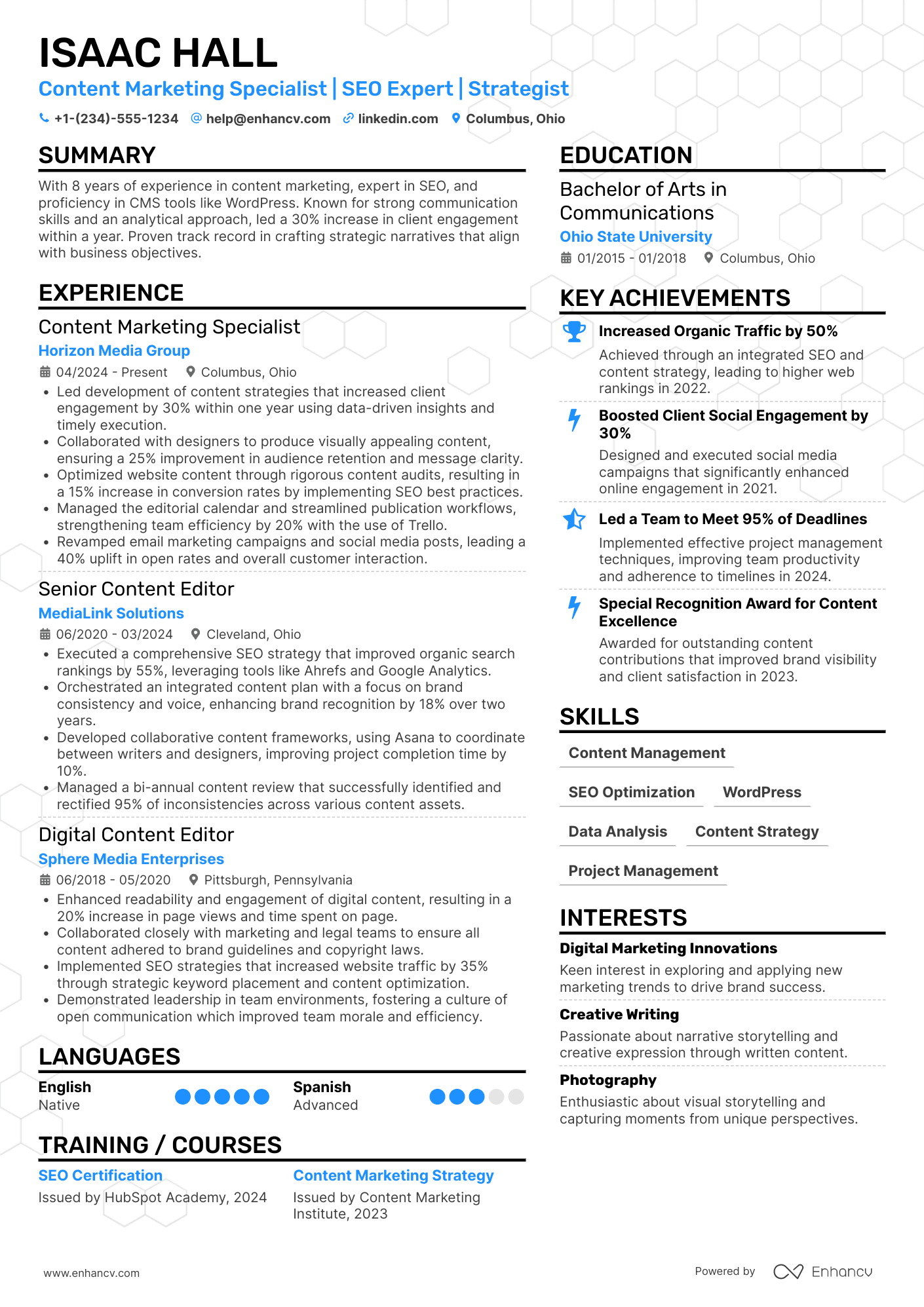 A resume example of a Content Marketing Editor