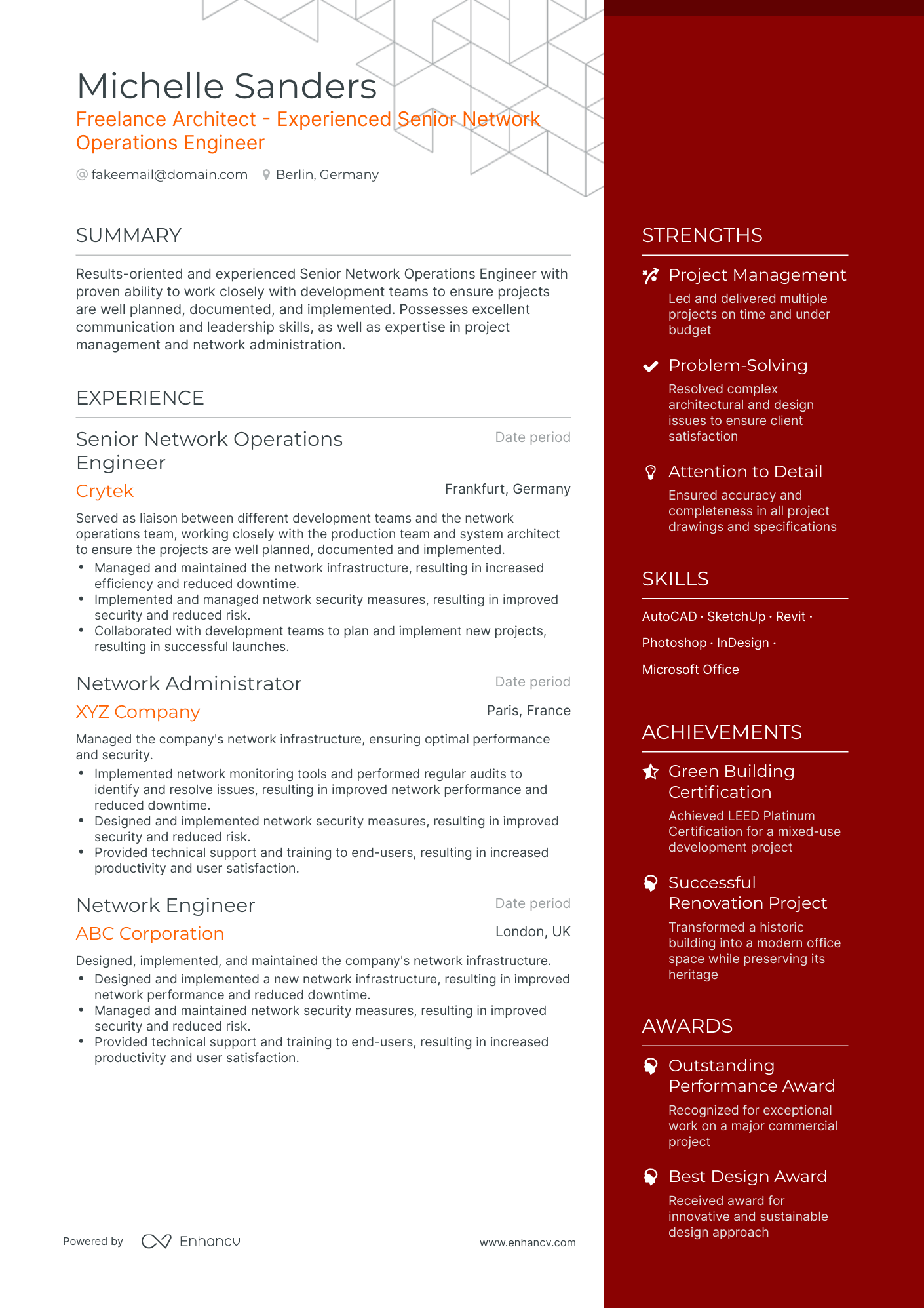 One Page Freelance Architect Resume Template