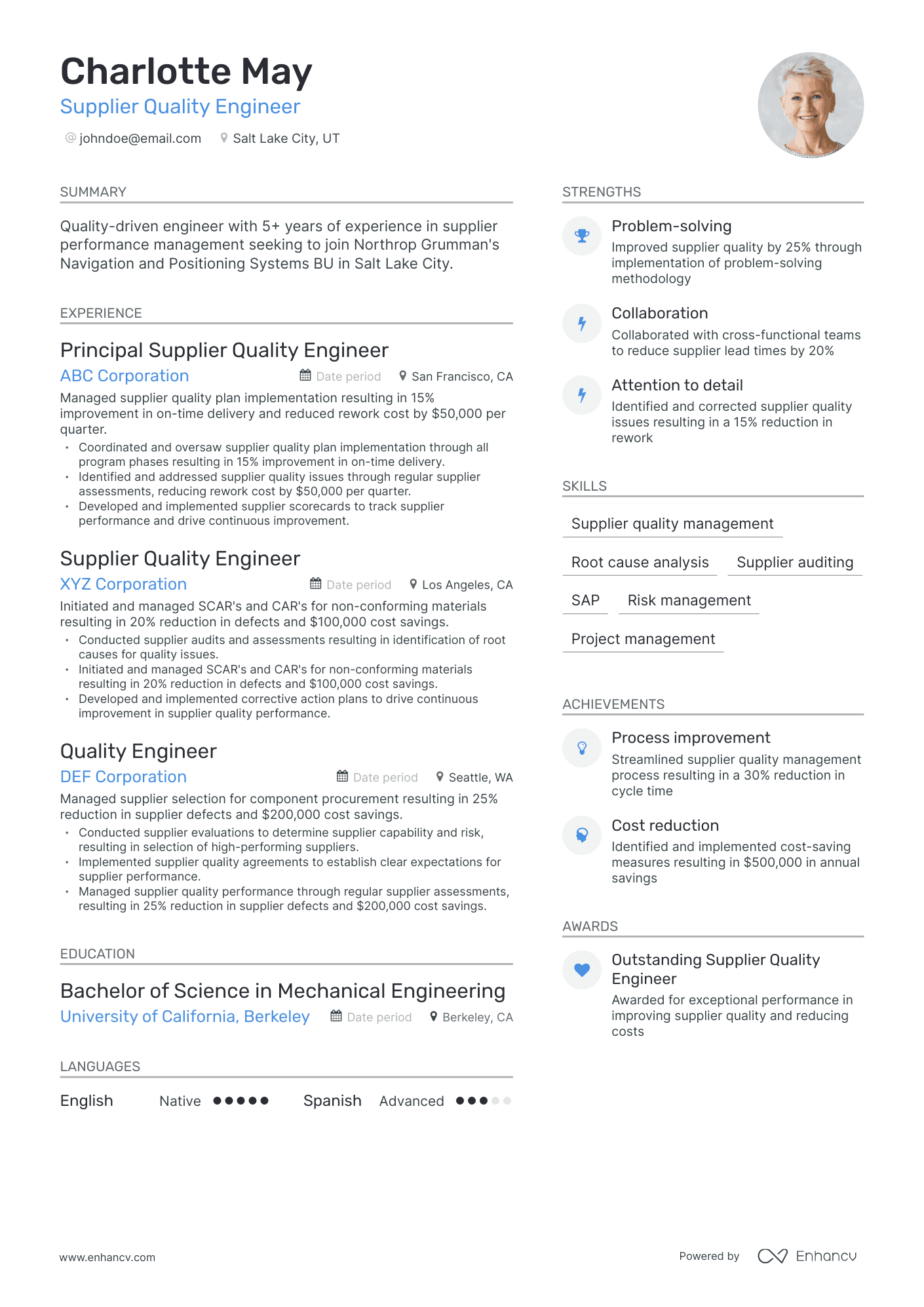 Modern Supplier Quality Engineer Resume Template