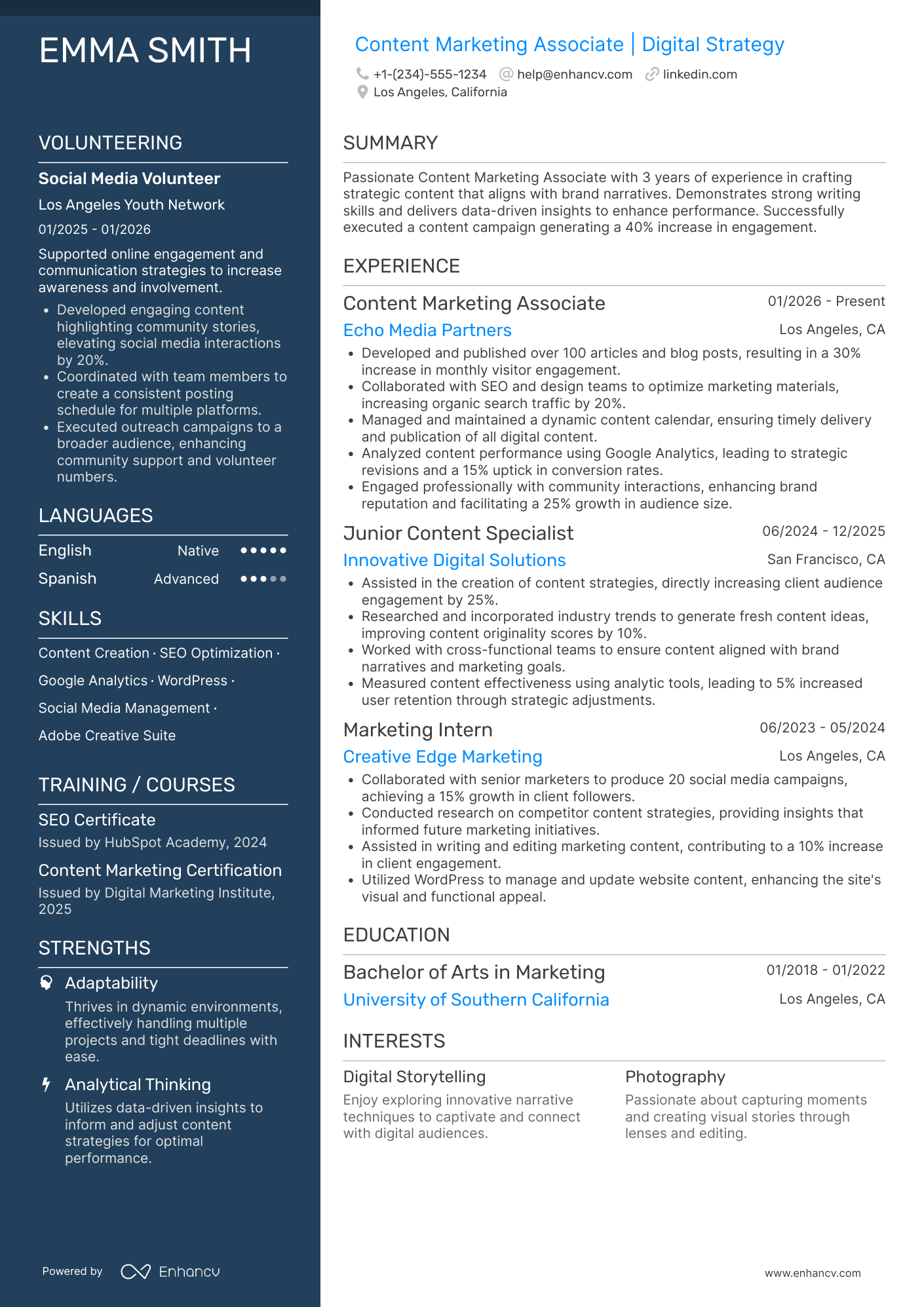 A resume example of a Content Marketing Associate
