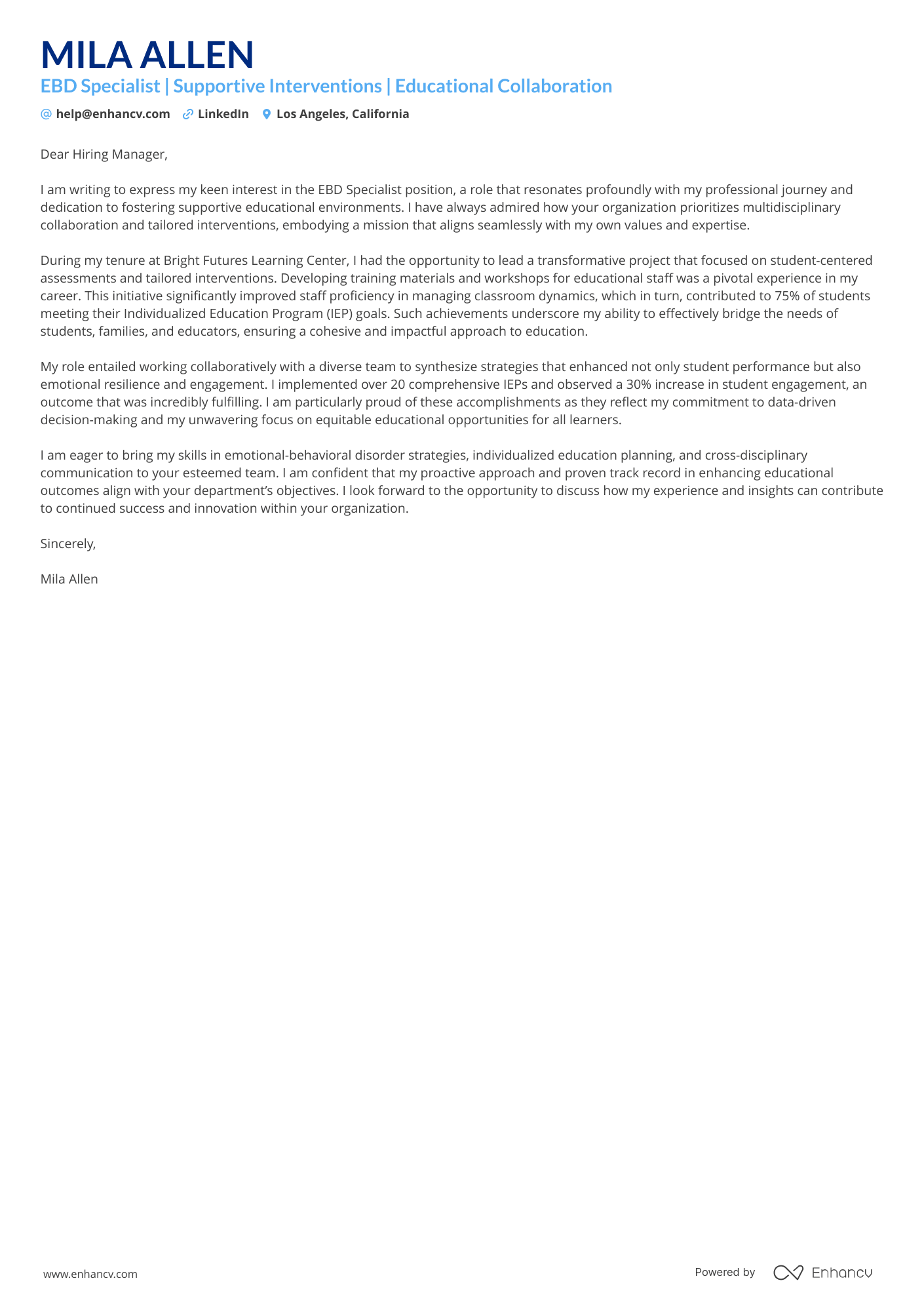 A resume example of a Emotional & Behavioral Disorders (EBD) Specialist