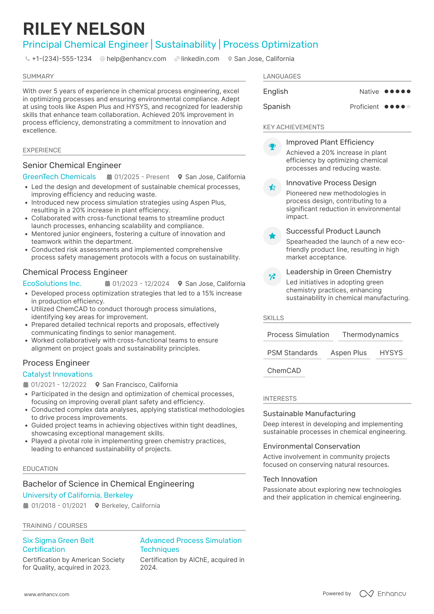 A resume example of a Principal Chemical Engineer