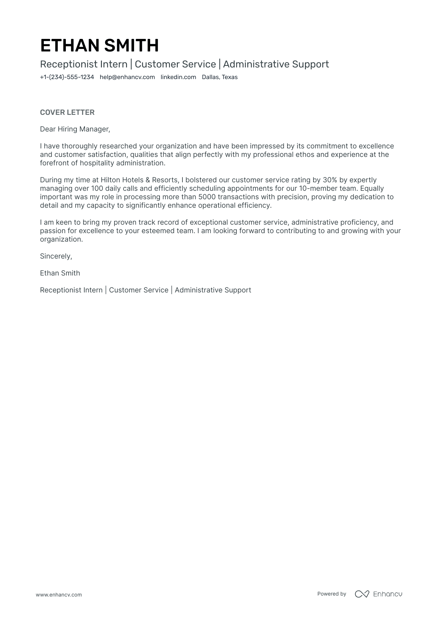 cover letter example for front office receptionist