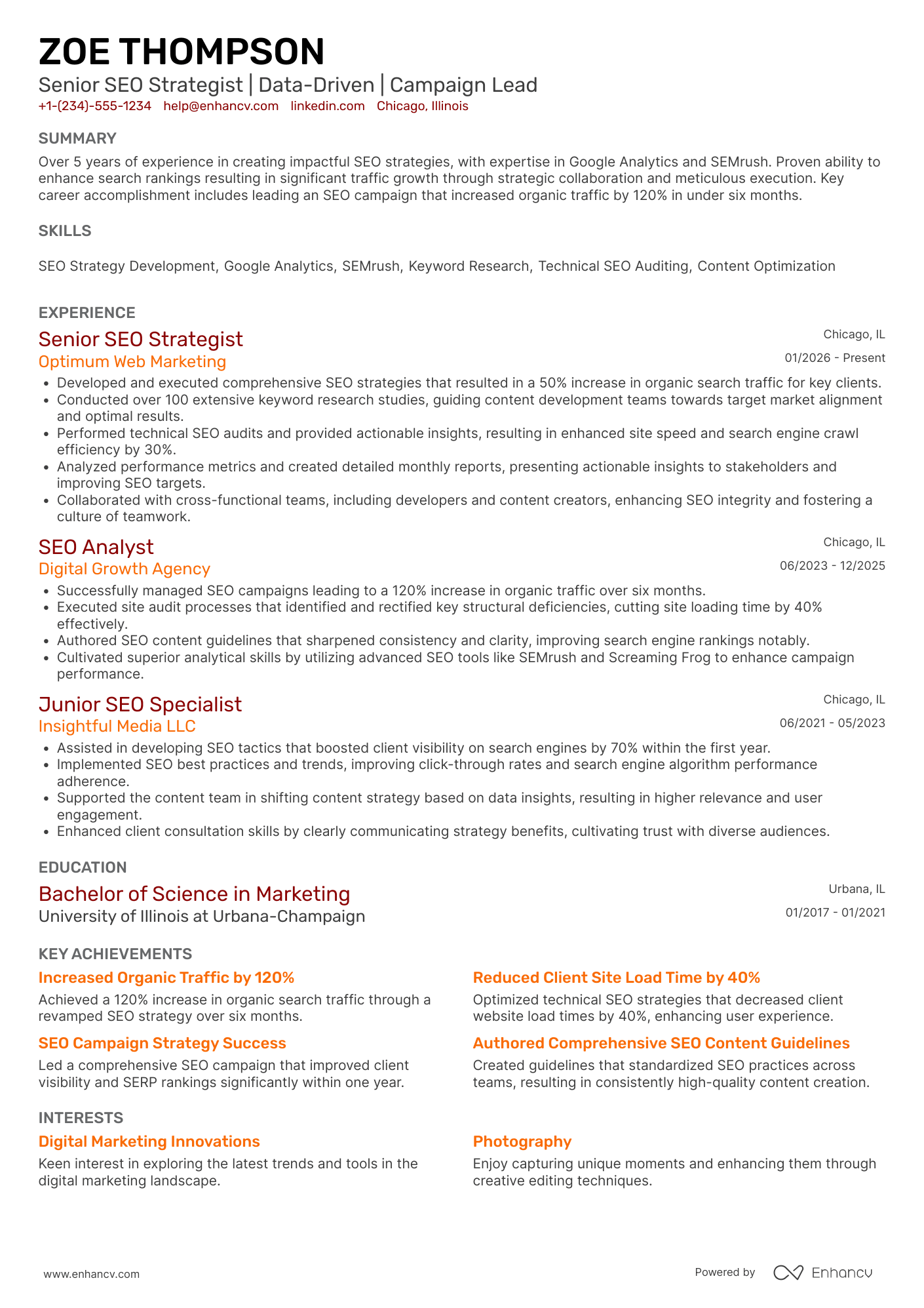 A resume example of a Senior SEO Strategist
